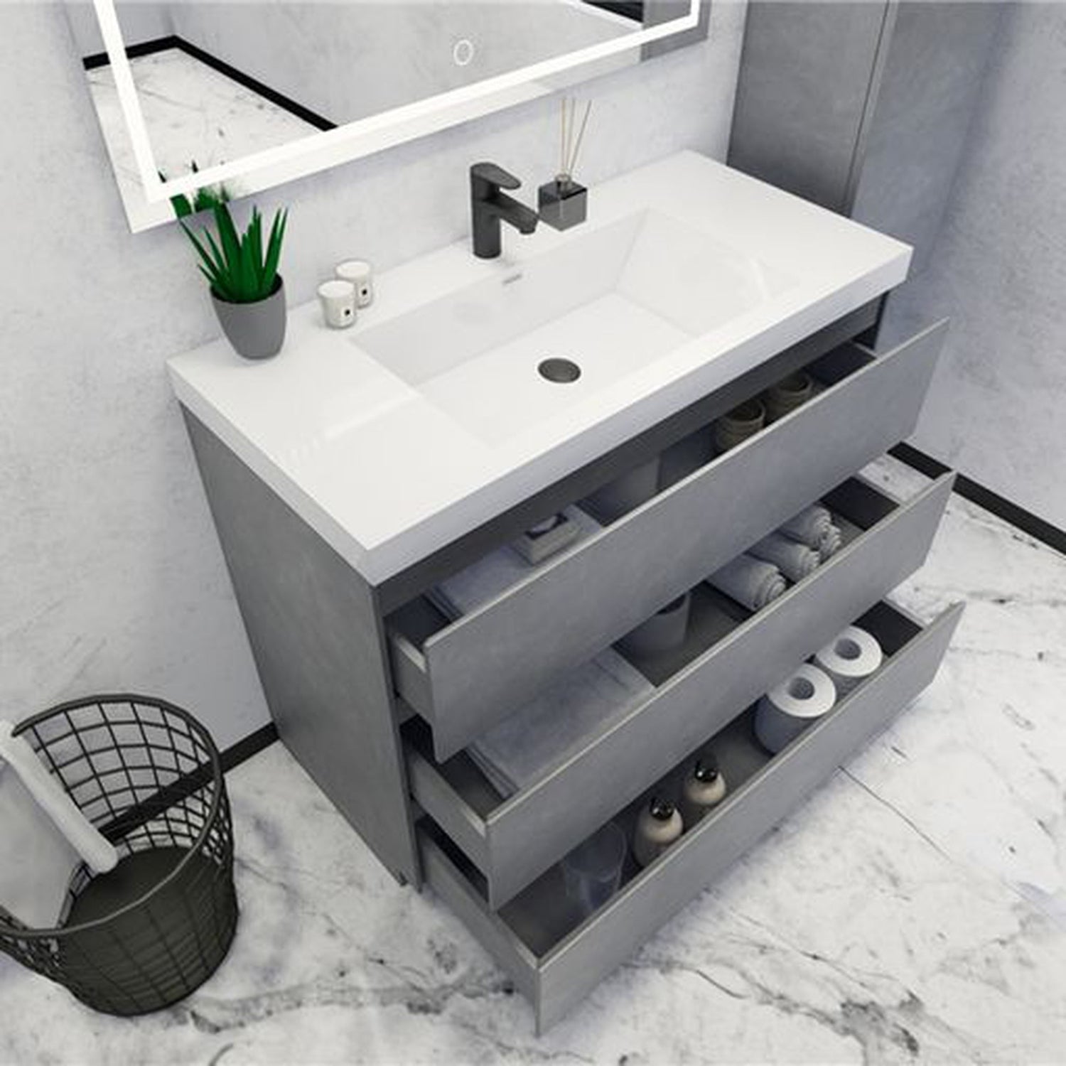 Elysian 42&quot; Cement Gray Freestanding Vanity With Single Reinforced White Acrylic Sink