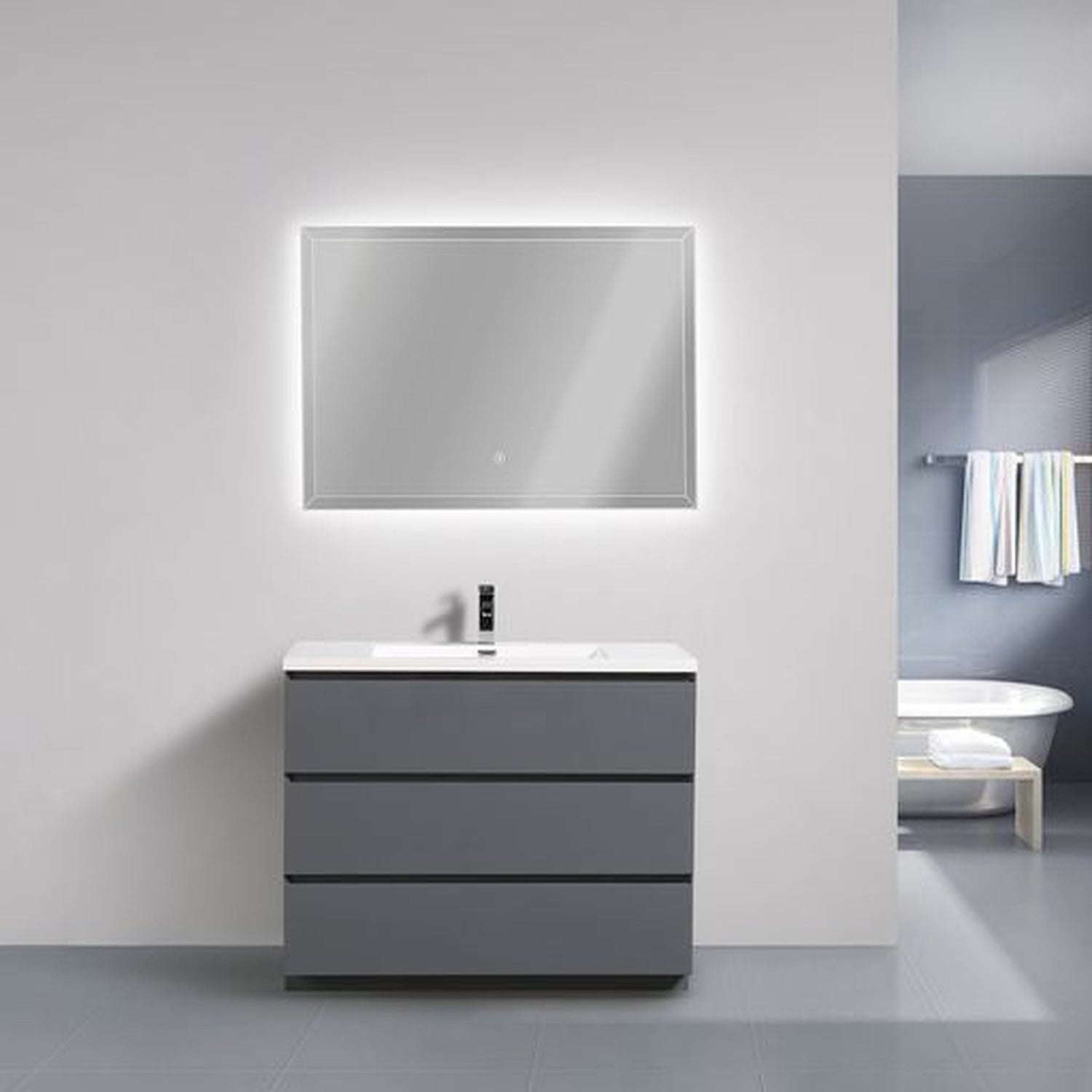 Elysian 42&quot; High Gloss Gray Freestanding Vanity With Single Reinforced White Acrylic Sink