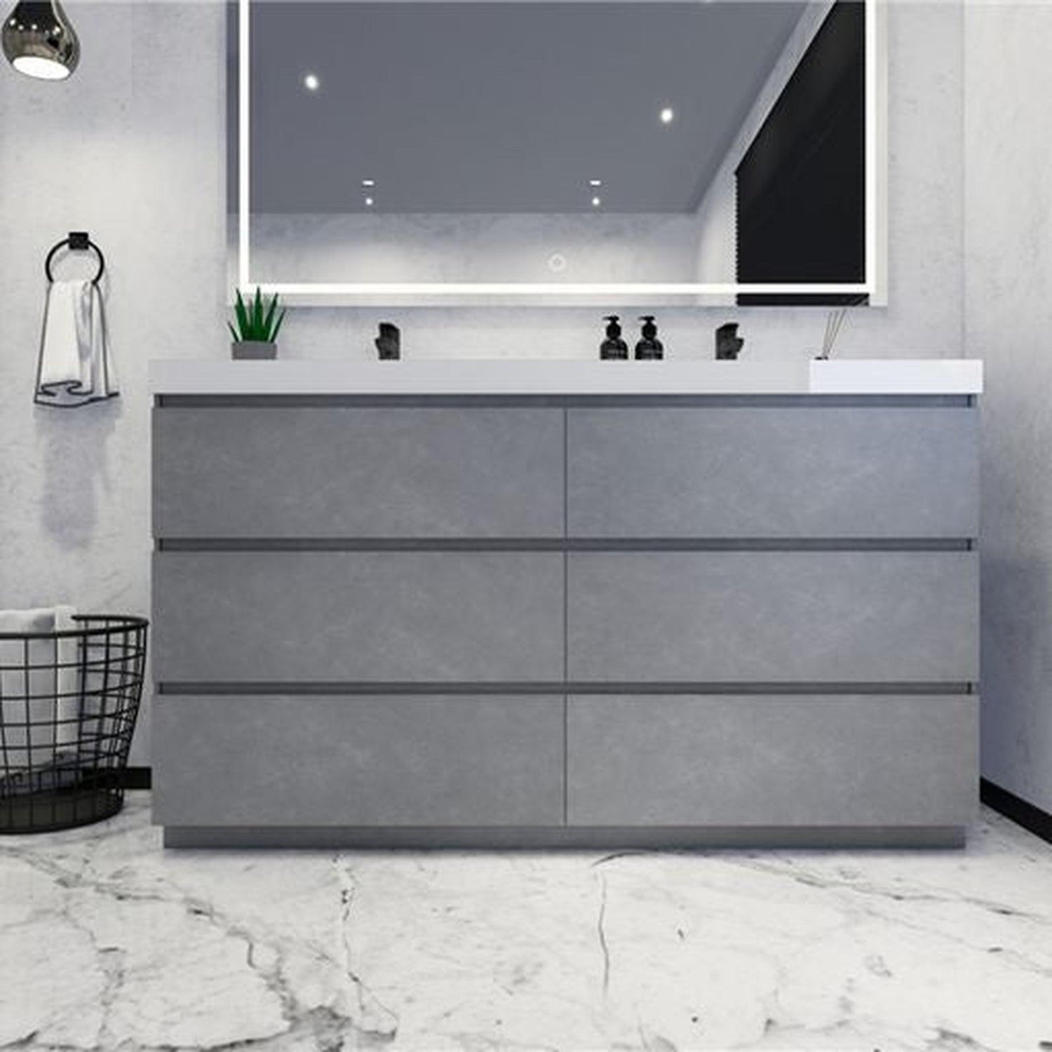 Elysian 60&quot; Cement Gray Freestanding Vanity With Double Reinforced White Acrylic Sinks