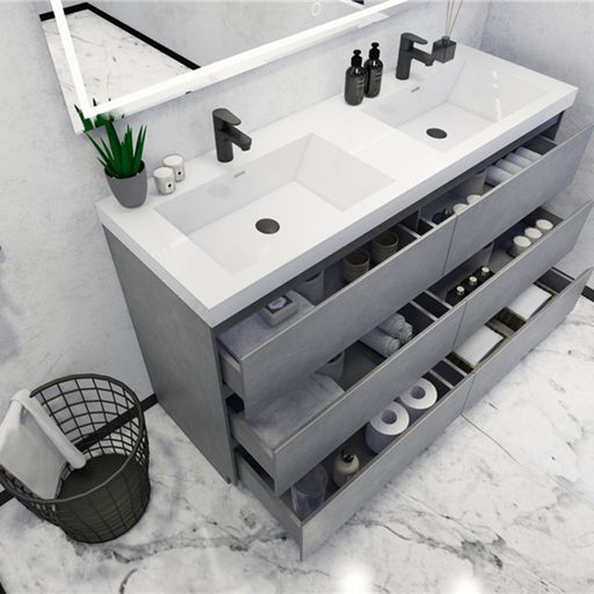 Elysian 60&quot; Cement Gray Freestanding Vanity With Double Reinforced White Acrylic Sinks