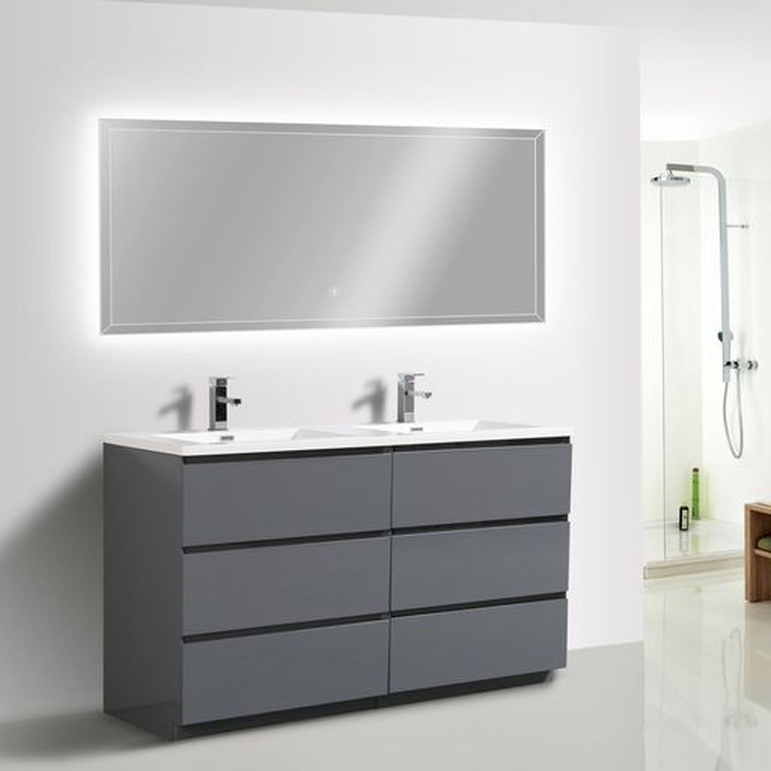 Elysian 60&quot; High Gloss Gray Freestanding Vanity With Double Reinforced White Acrylic Sinks