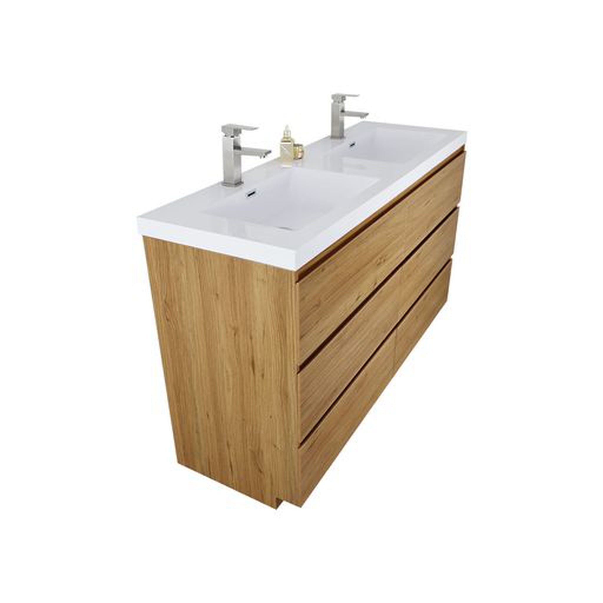 Elysian 60&quot; Nature Oak Freestanding Vanity With Double Reinforced White Acrylic Sinks