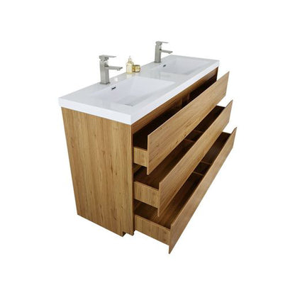 Elysian 60&quot; Nature Oak Freestanding Vanity With Double Reinforced White Acrylic Sinks