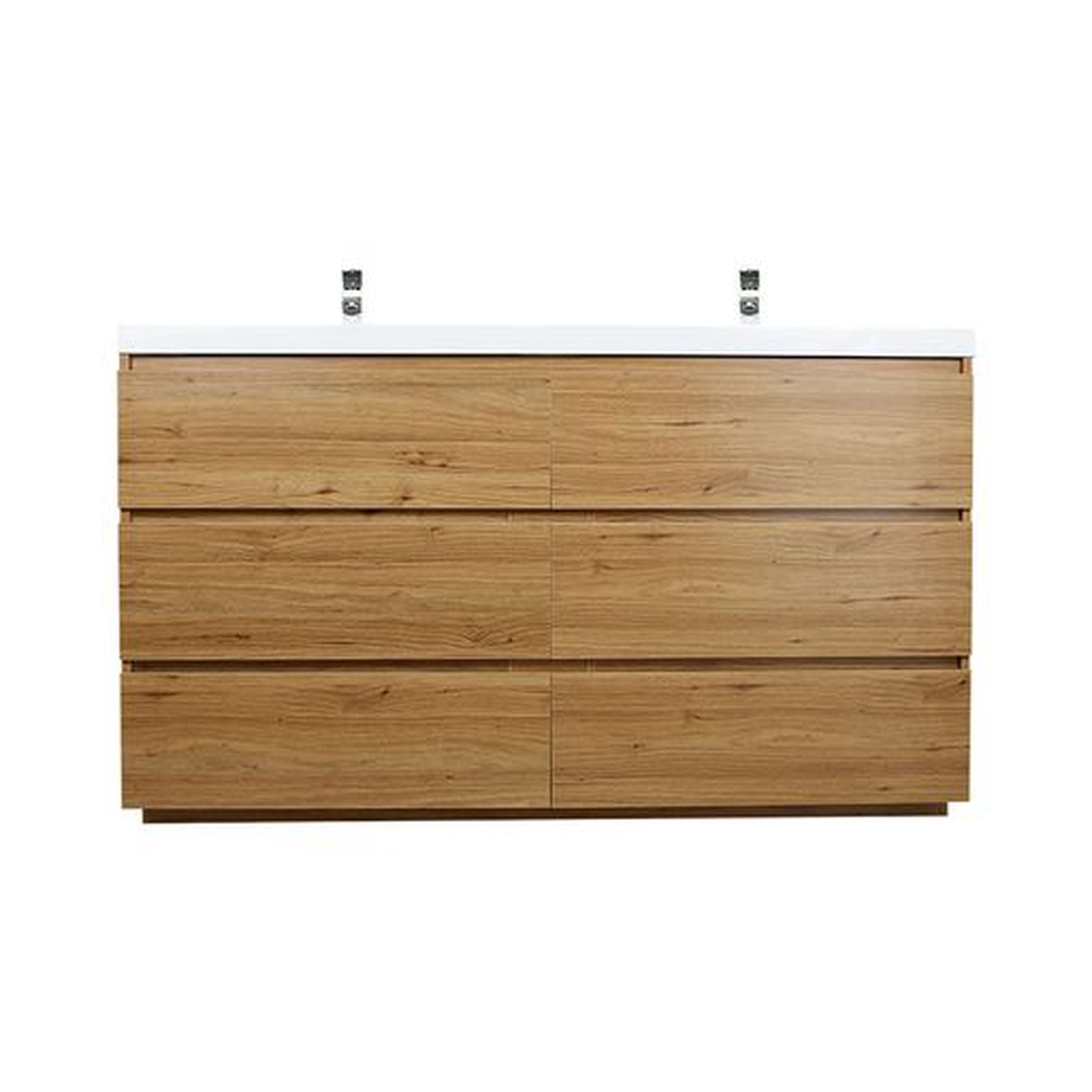 Elysian 60&quot; Nature Oak Freestanding Vanity With Double Reinforced White Acrylic Sinks