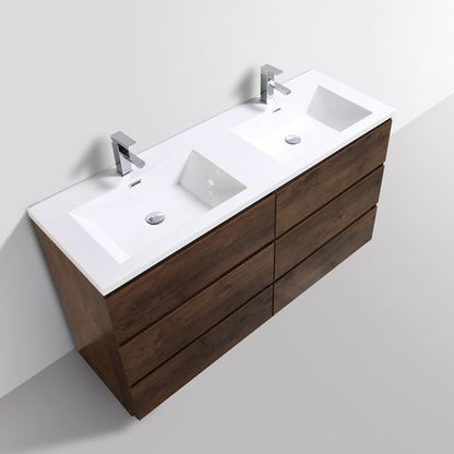 Elysian 60&quot; Rosewood Freestanding Vanity With Double Reinforced White Acrylic Sinks