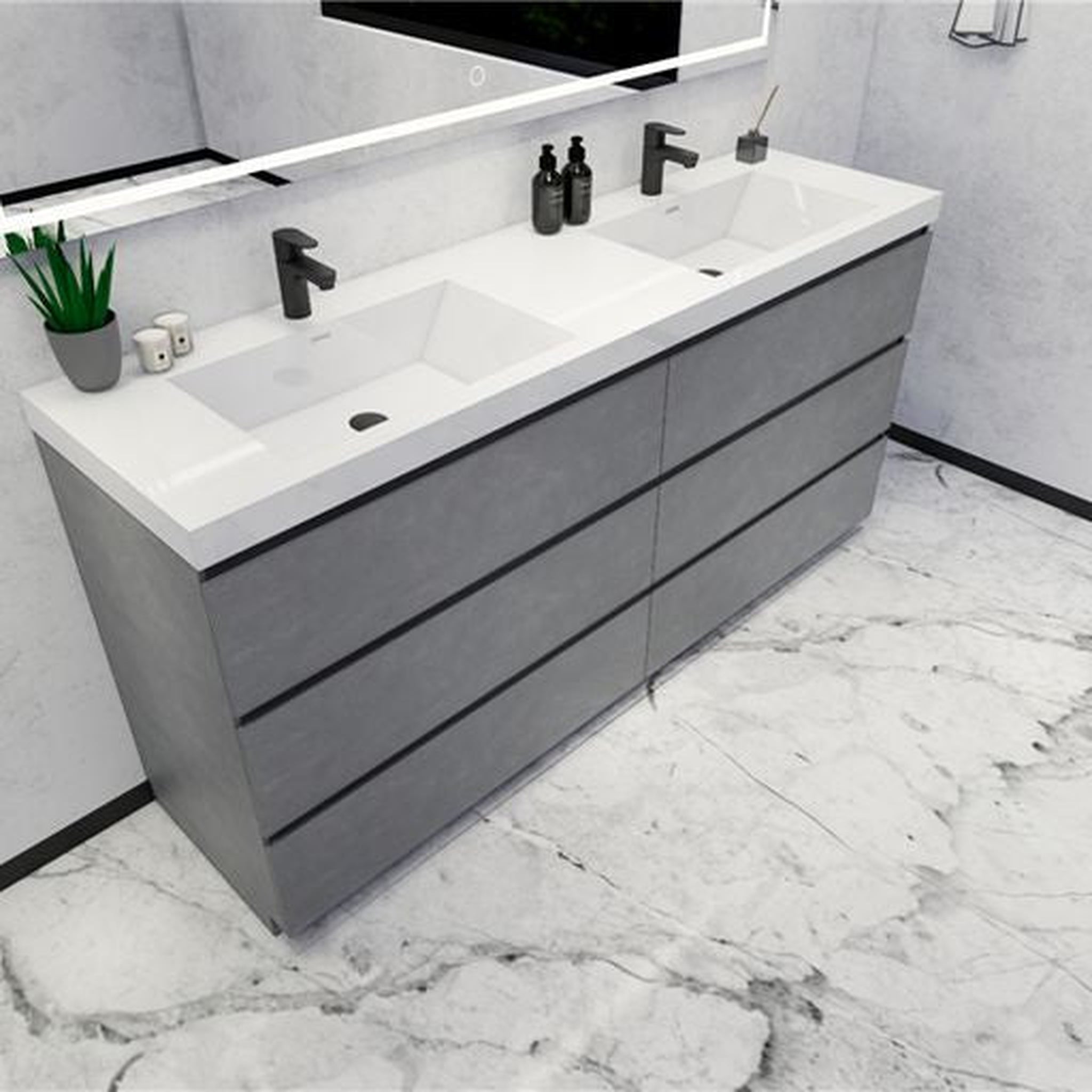 Elysian 72&quot; Cement Gray Freestanding Vanity With Double Reinforced White Acrylic Sinks