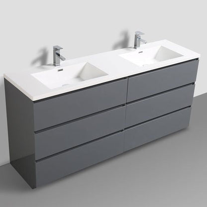 Elysian 72&quot; High Gloss Gray Freestanding Vanity With Double Reinforced White Acrylic Sinks