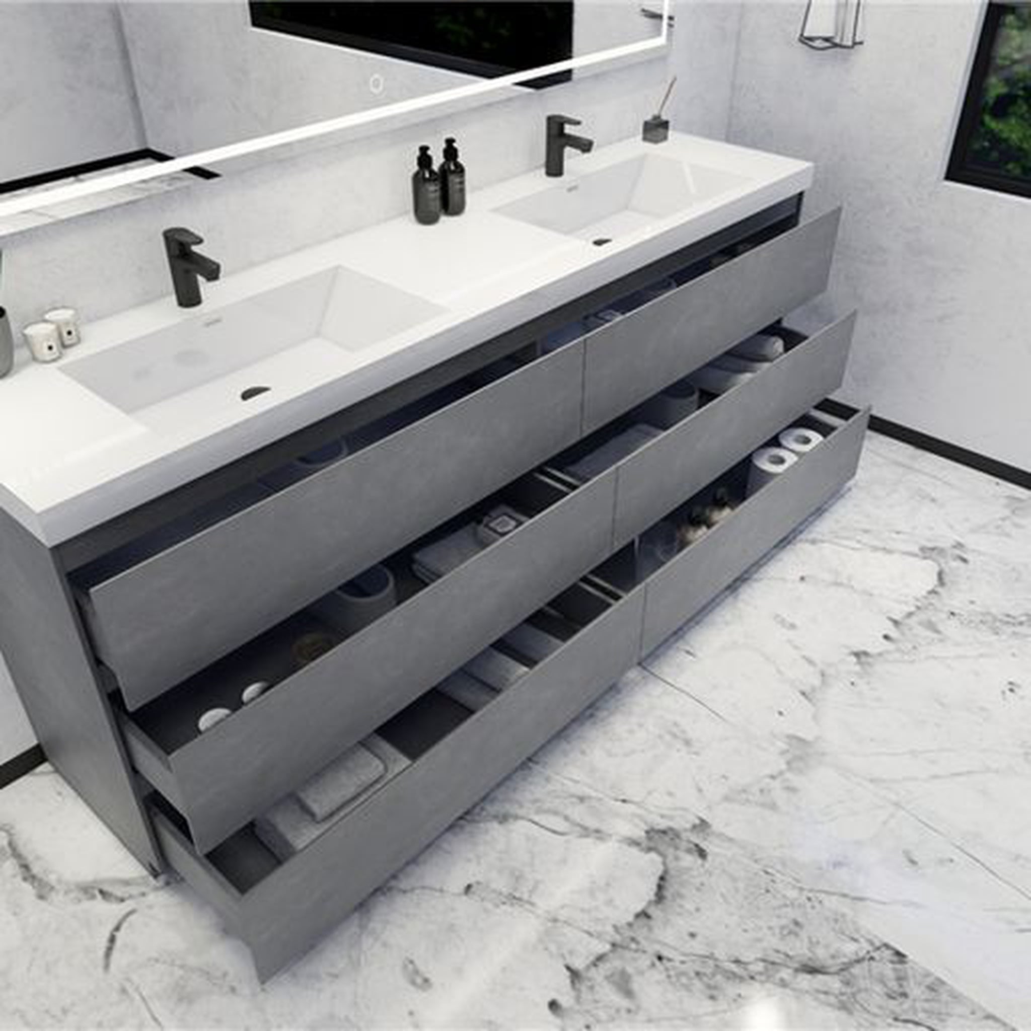 Elysian 84&quot; Cement Gray Freestanding Vanity With Double Reinforced White Acrylic Sinks