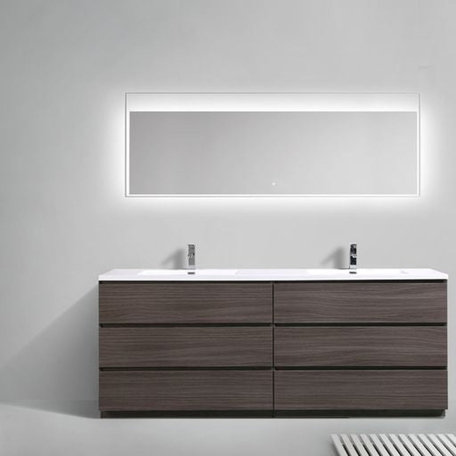 Elysian 84&quot; Dark Gray Oak Freestanding Vanity With Double Reinforced White Acrylic Sinks