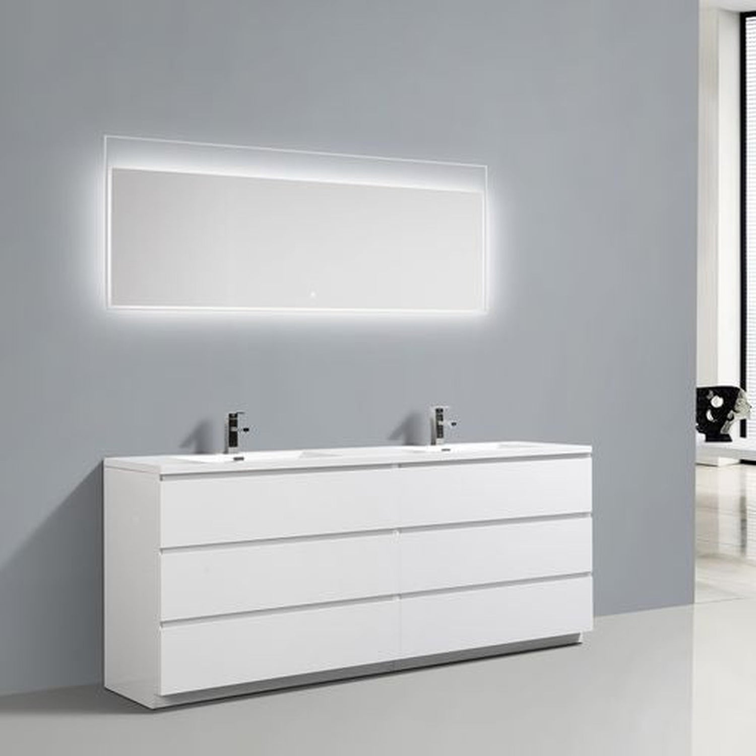 Elysian 84&quot; High Gloss White Freestanding Vanity With Double Reinforced White Acrylic Sinks