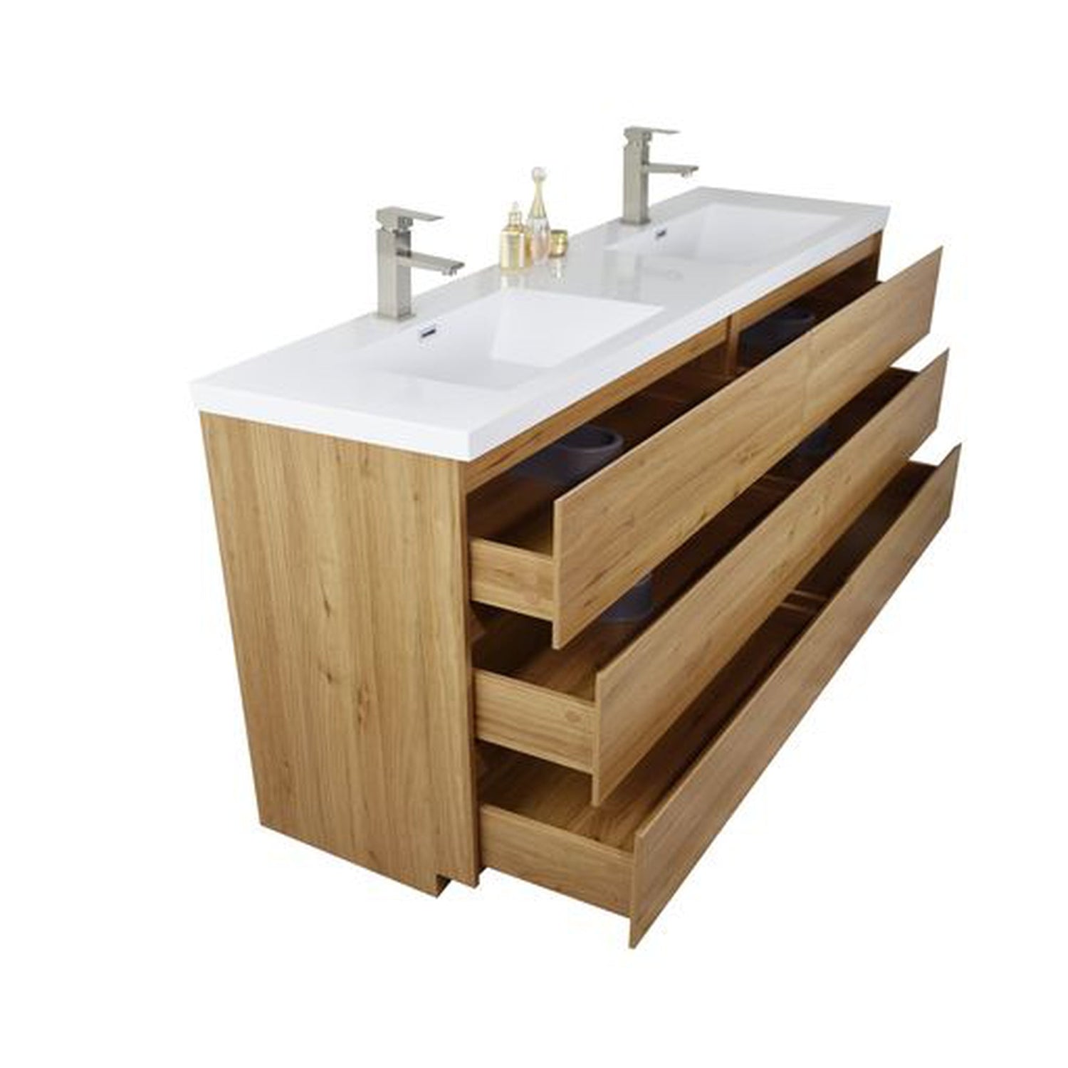 Elysian 84&quot; Nature Oak Freestanding Vanity With Double Reinforced White Acrylic Sinks