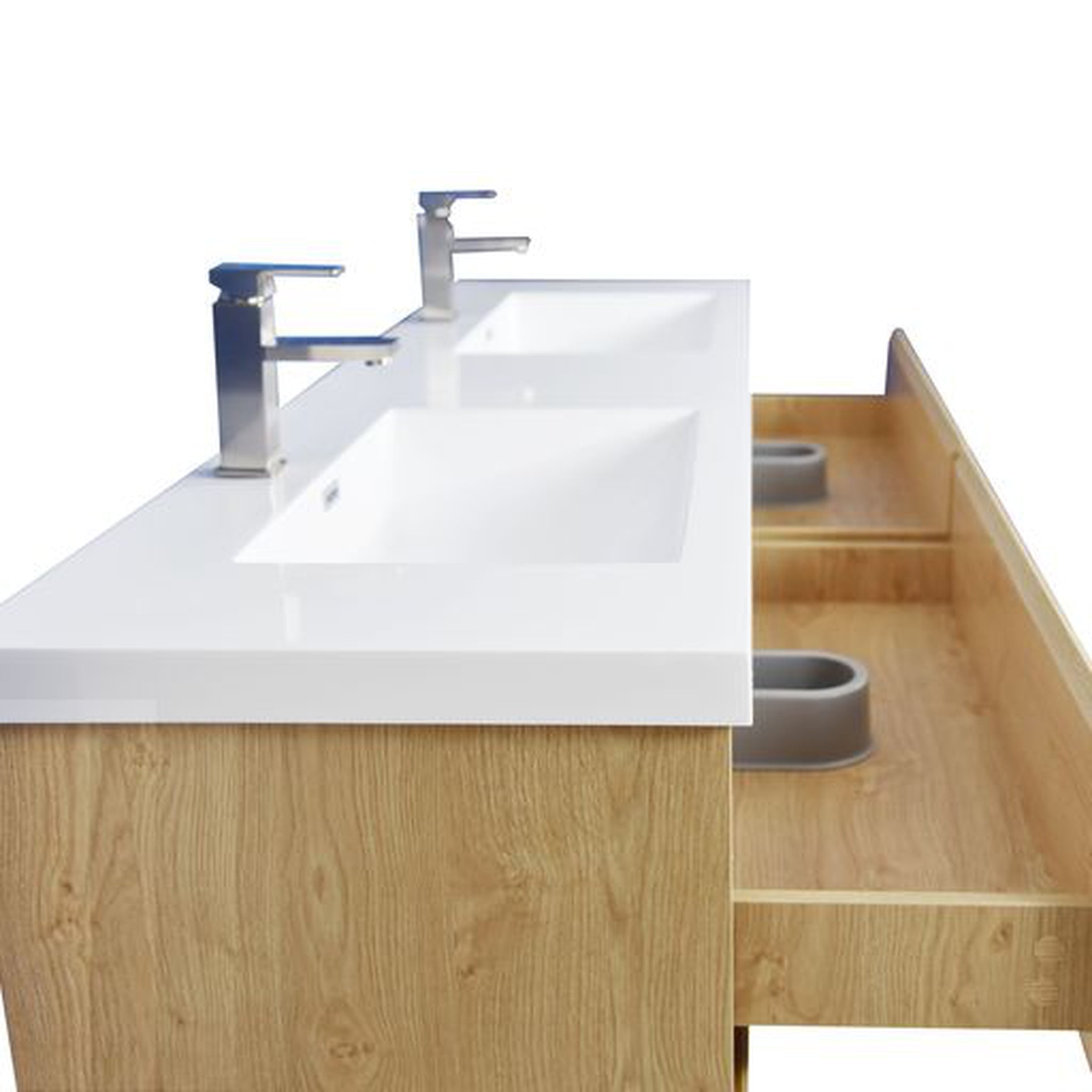 Elysian 84&quot; New England Oak Freestanding Vanity With Double Reinforced White Acrylic Sinks