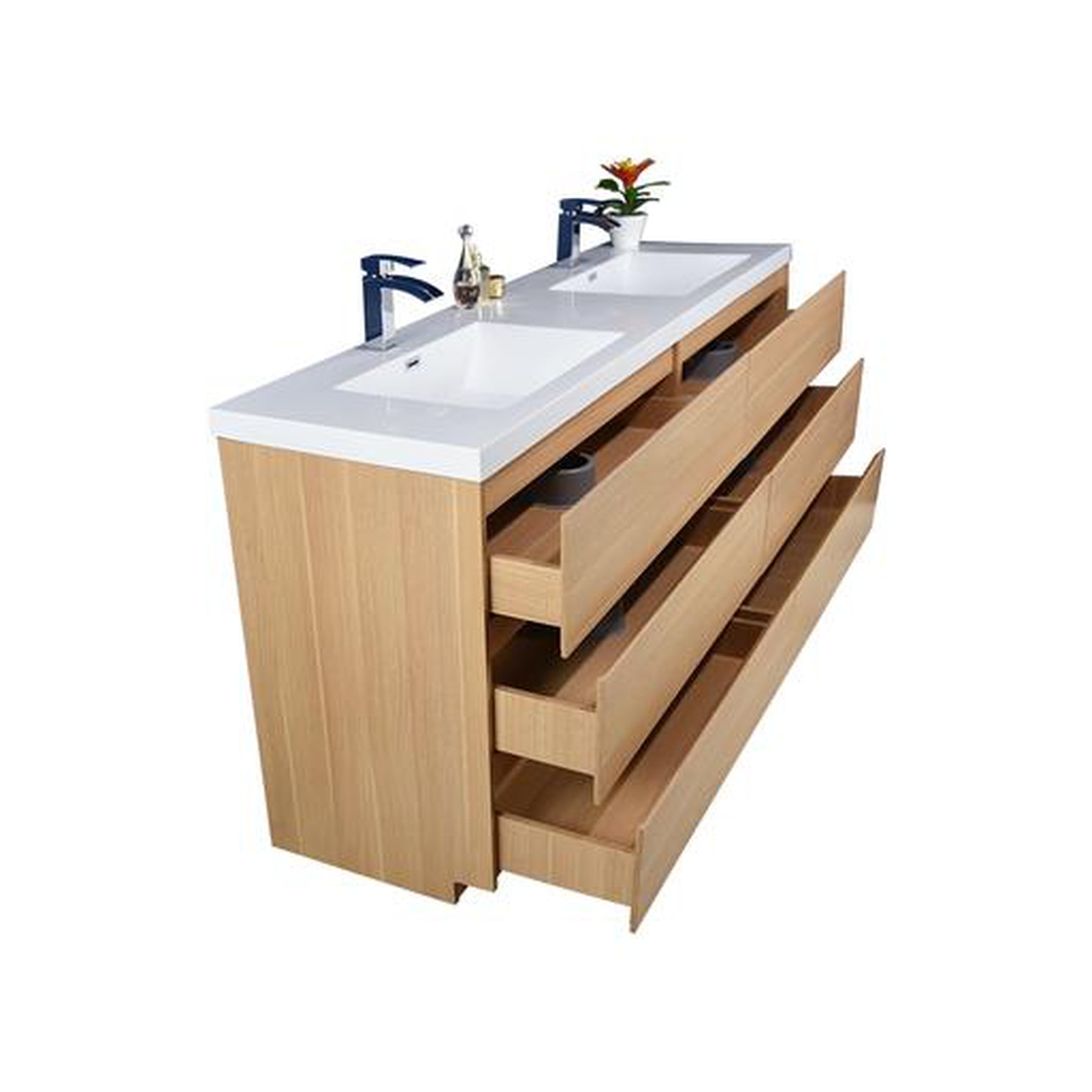 Elysian 84&quot; White Oak Freestanding Vanity With Double Reinforced White Acrylic Sinks