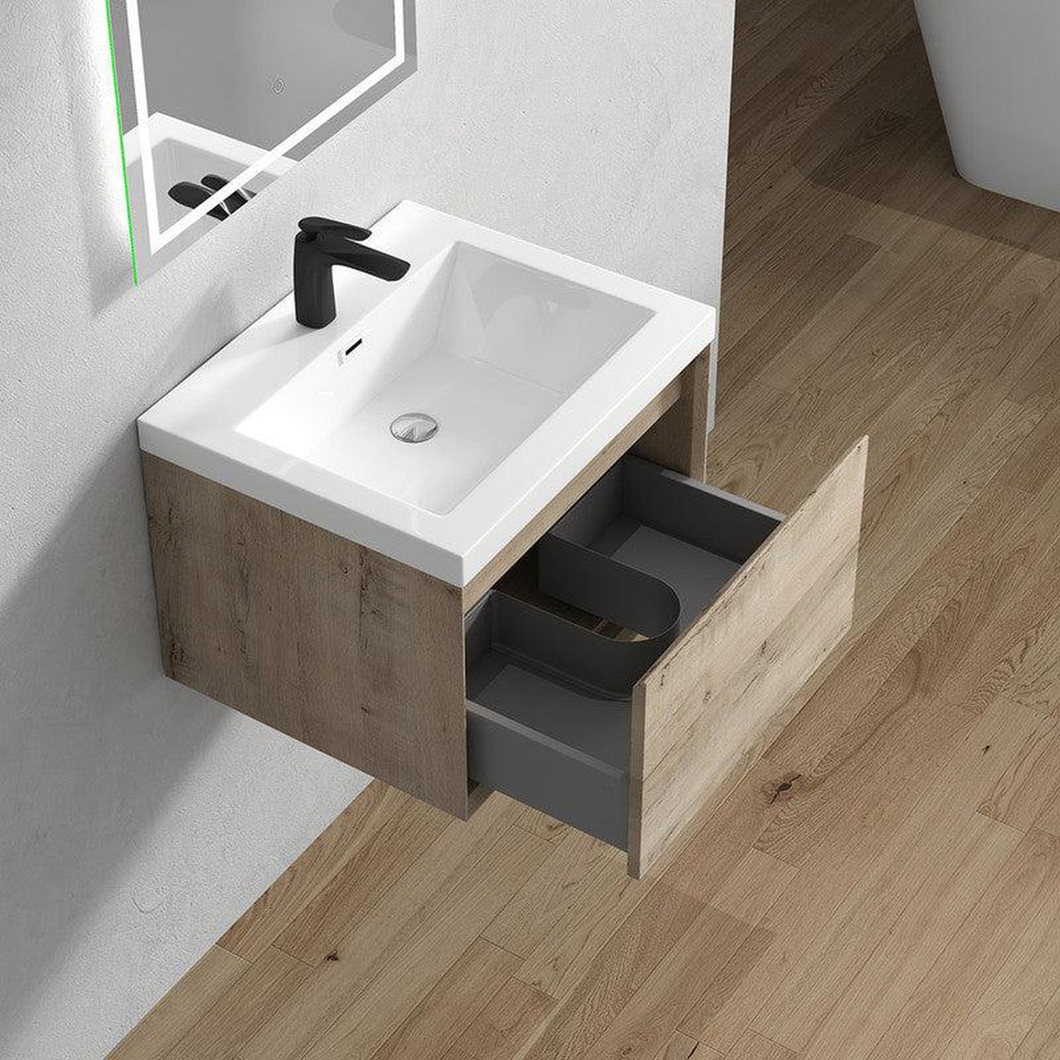 Bellezza 24&quot; Light Oak Wall-Mounted Vanity With Single Reinforced White Acrylic Sink