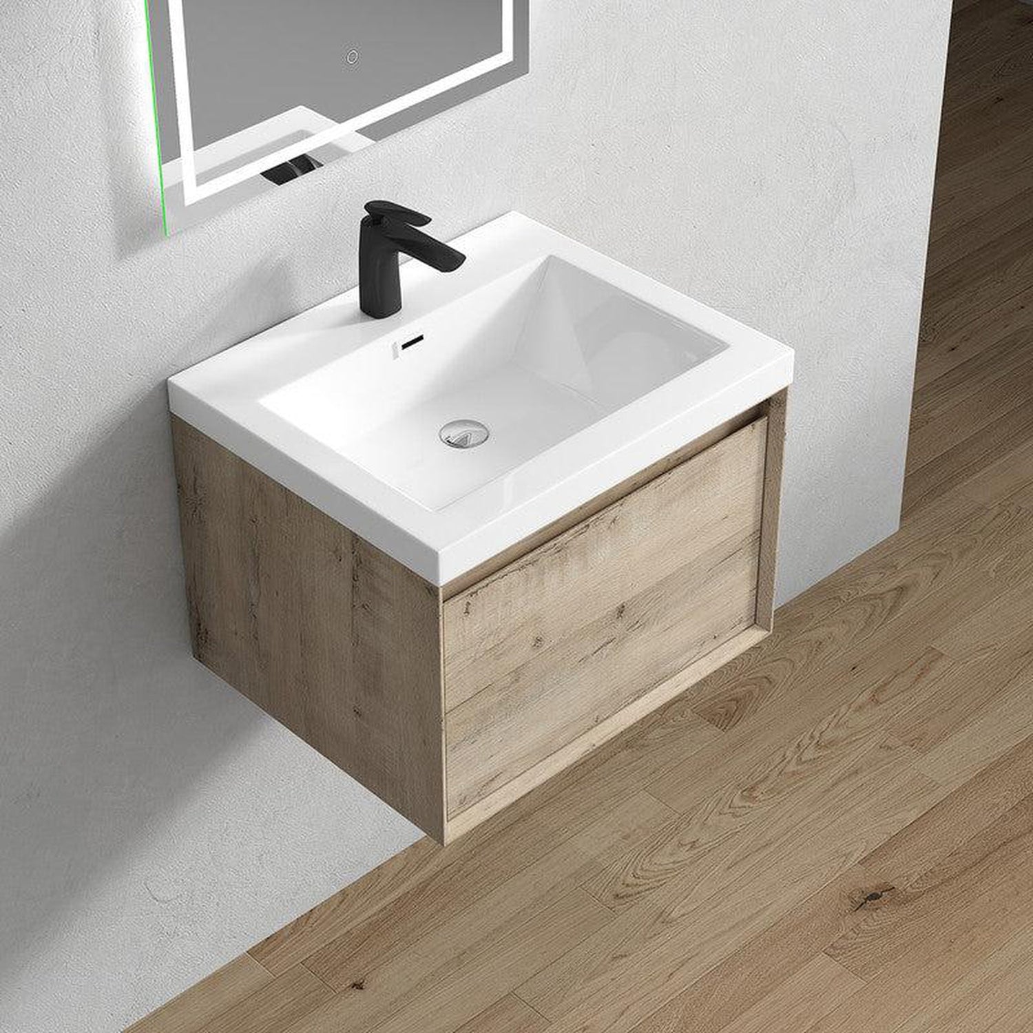 Bellezza 24&quot; Light Oak Wall-Mounted Vanity With Single Reinforced White Acrylic Sink