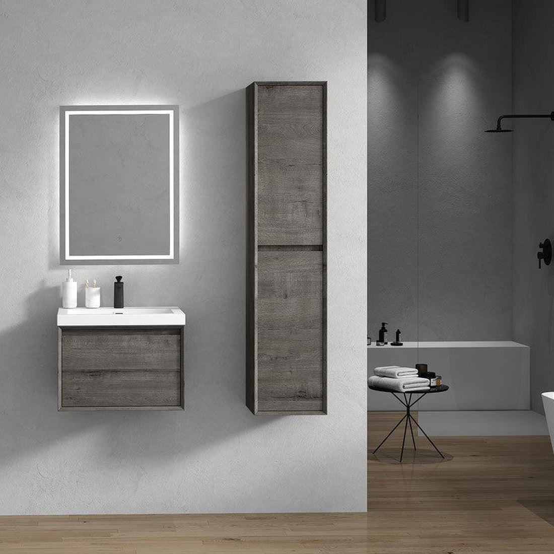 Bellezza 24&quot; Smoke Oak Wall-Mounted Vanity With Single Reinforced White Acrylic Sink