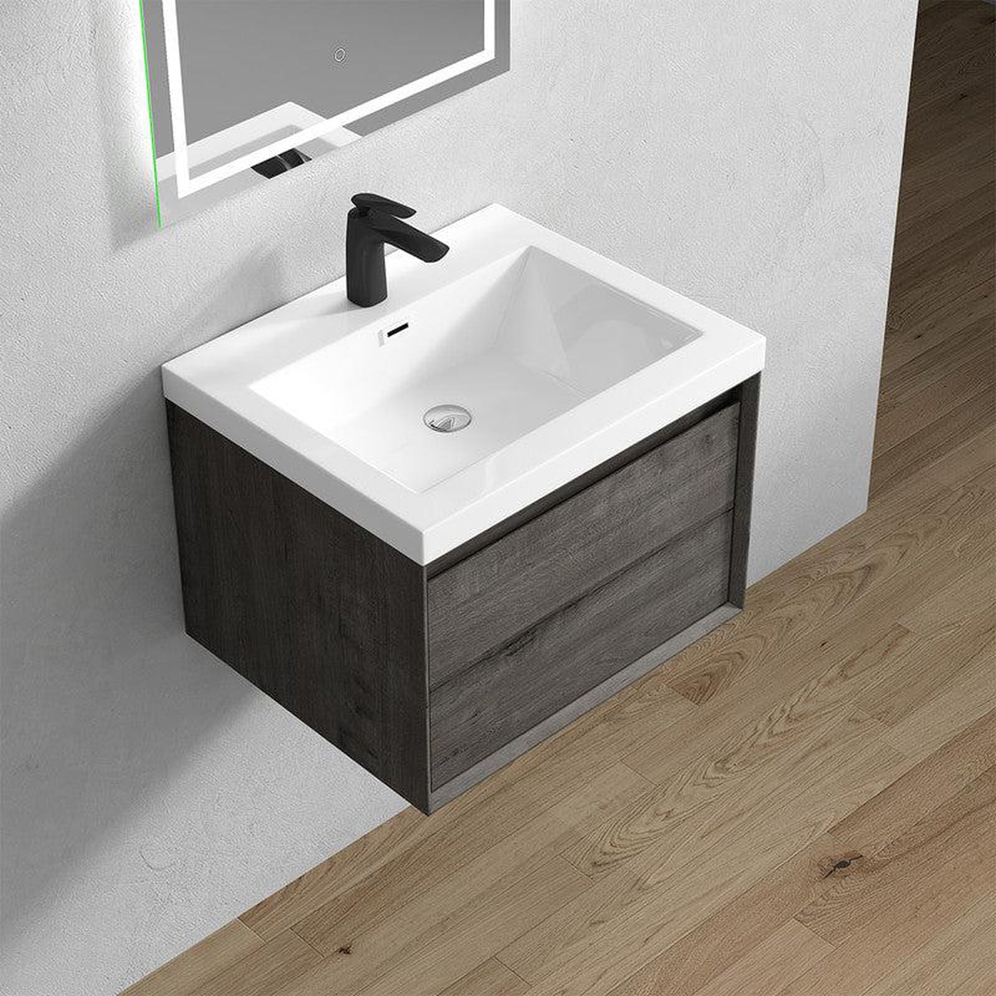 Bellezza 24&quot; Smoke Oak Wall-Mounted Vanity With Single Reinforced White Acrylic Sink