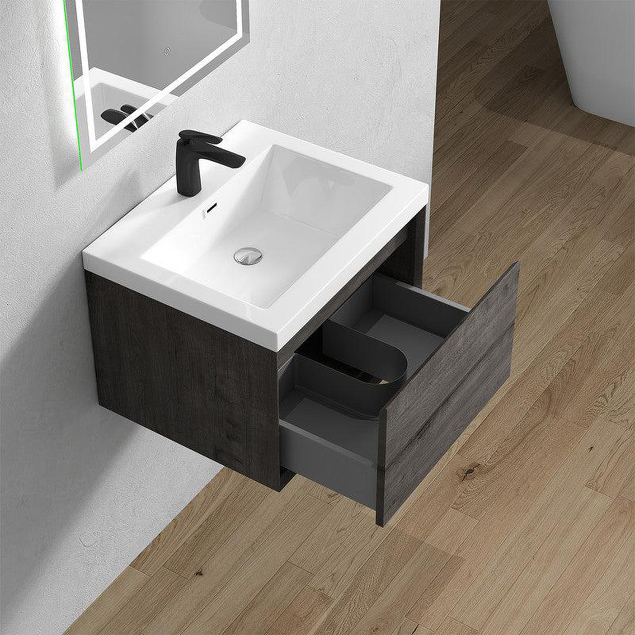 Bellezza 24&quot; Smoke Oak Wall-Mounted Vanity With Single Reinforced White Acrylic Sink