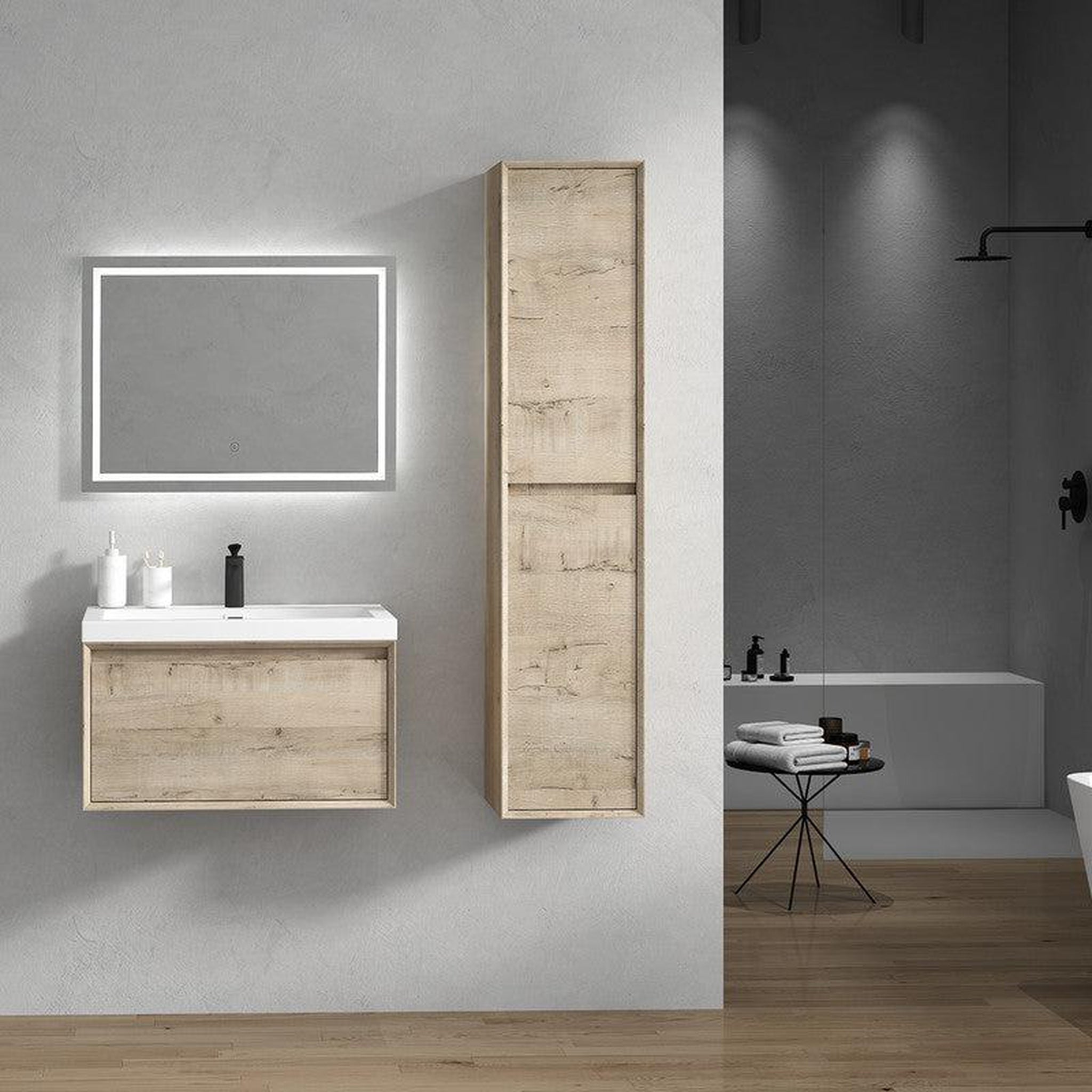 Bellezza 30&quot; Light Oak Wall-Mounted Vanity With Single Reinforced White Acrylic Sink