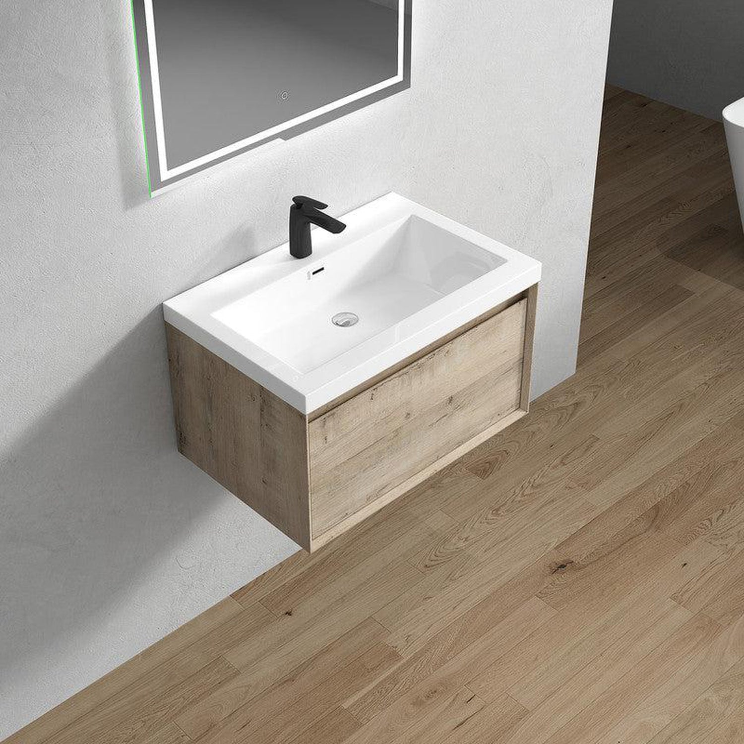 Bellezza 30&quot; Light Oak Wall-Mounted Vanity With Single Reinforced White Acrylic Sink