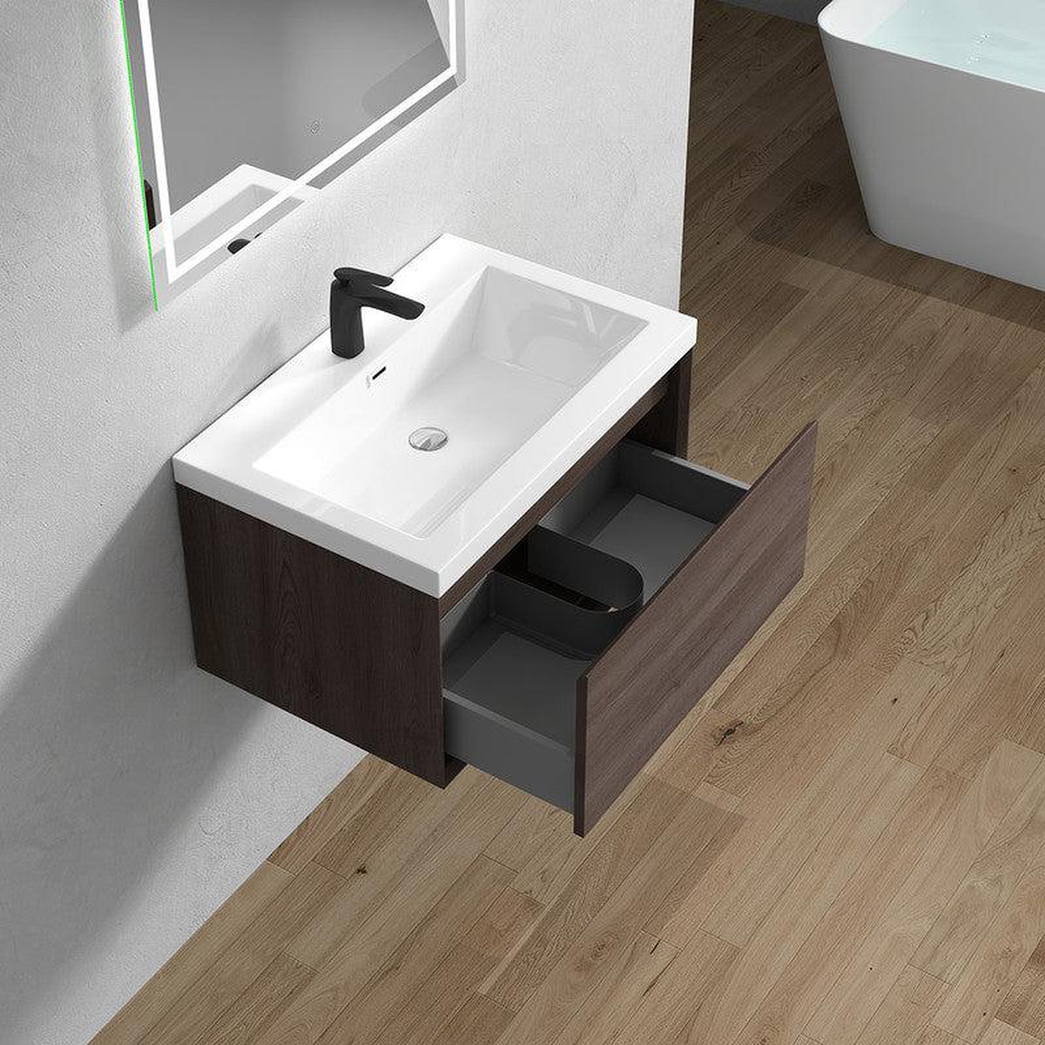 Bellezza 30&quot; Red Oak Wall-Mounted Vanity With Single Reinforced White Acrylic Sink