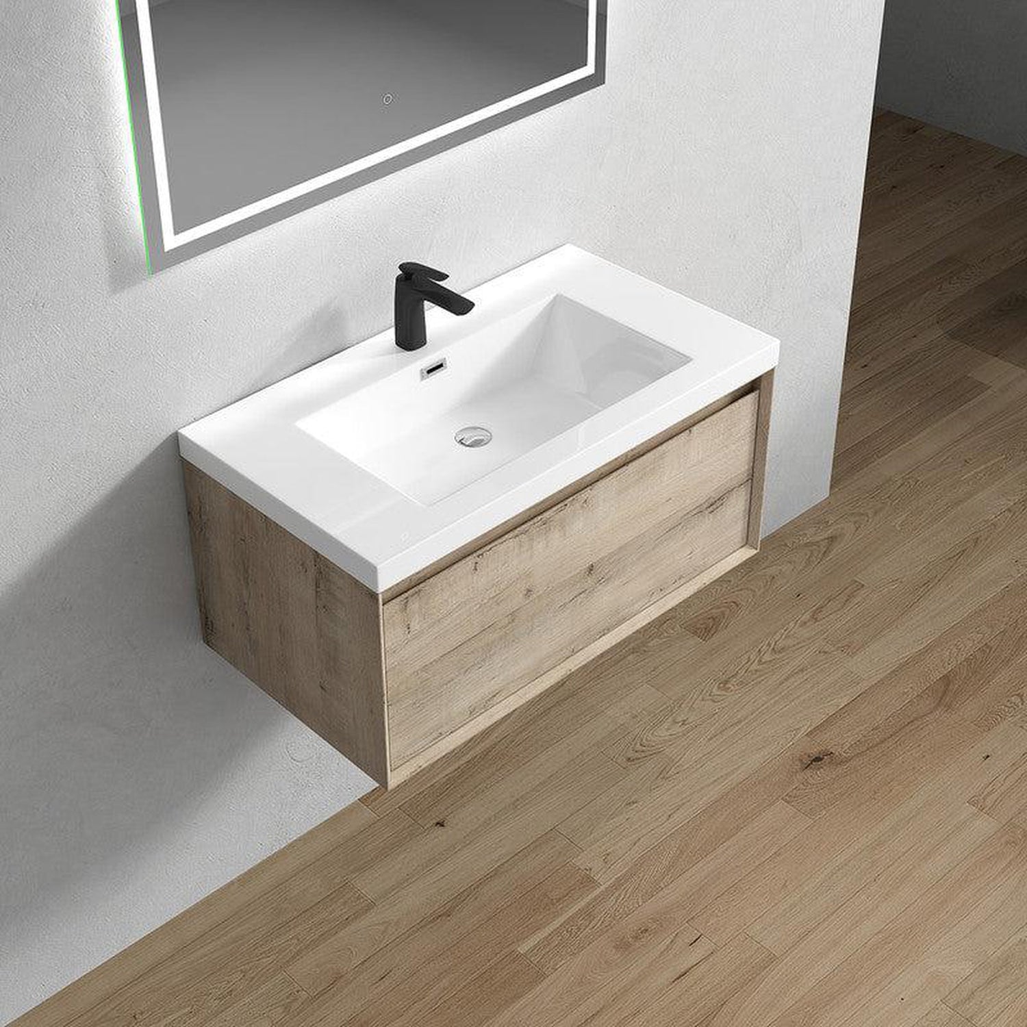 Bellezza 36&quot; Light Oak Wall-Mounted Vanity With Single Reinforced White Acrylic Sink