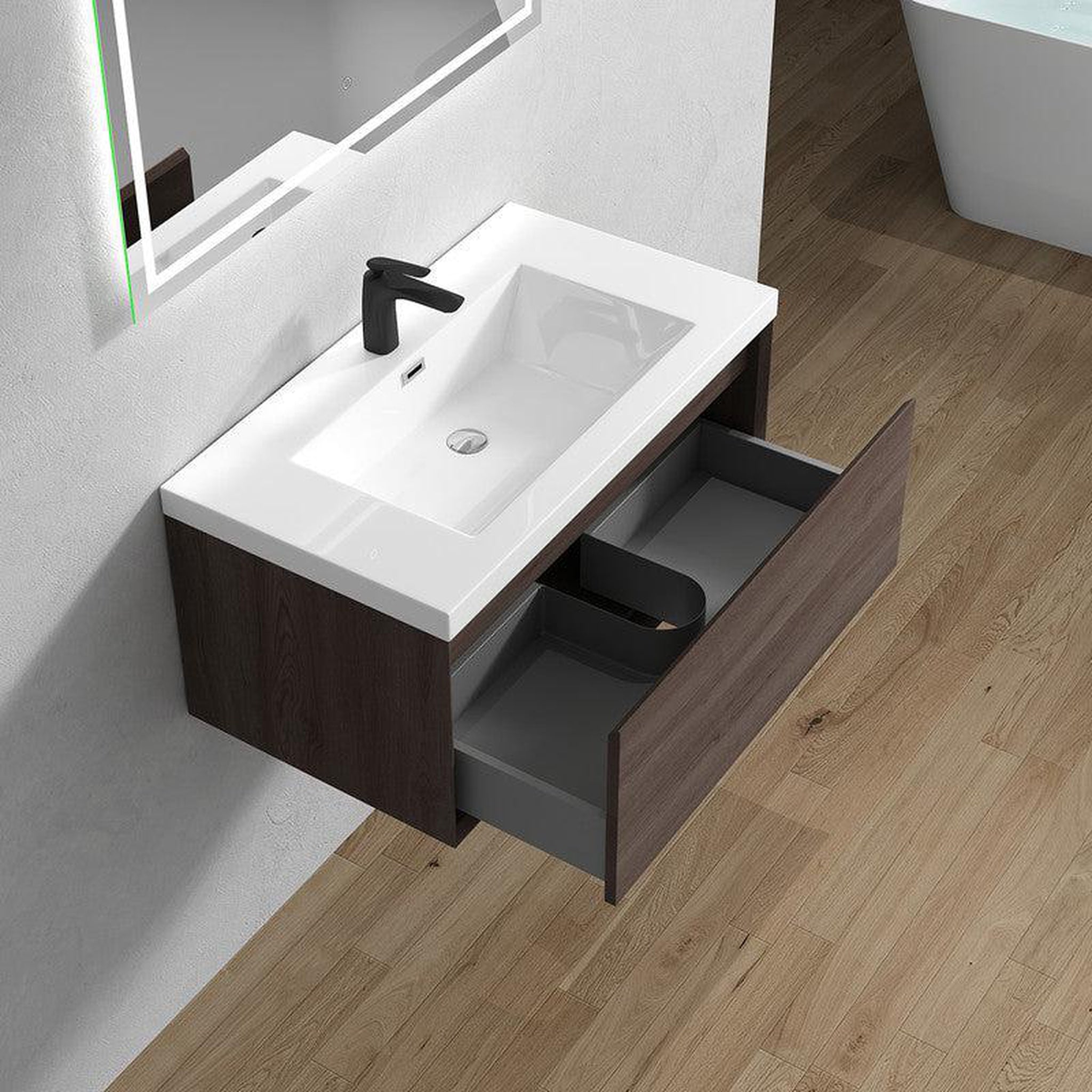 Bellezza 36&quot; Red Oak Wall-Mounted Vanity With Single Reinforced White Acrylic Sink