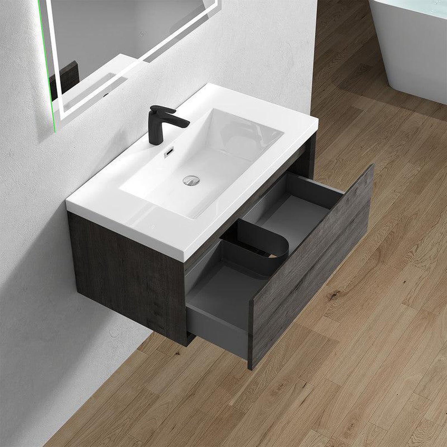 Bellezza 36&quot; Smoke Oak Wall-Mounted Vanity With Single Reinforced White Acrylic Sink