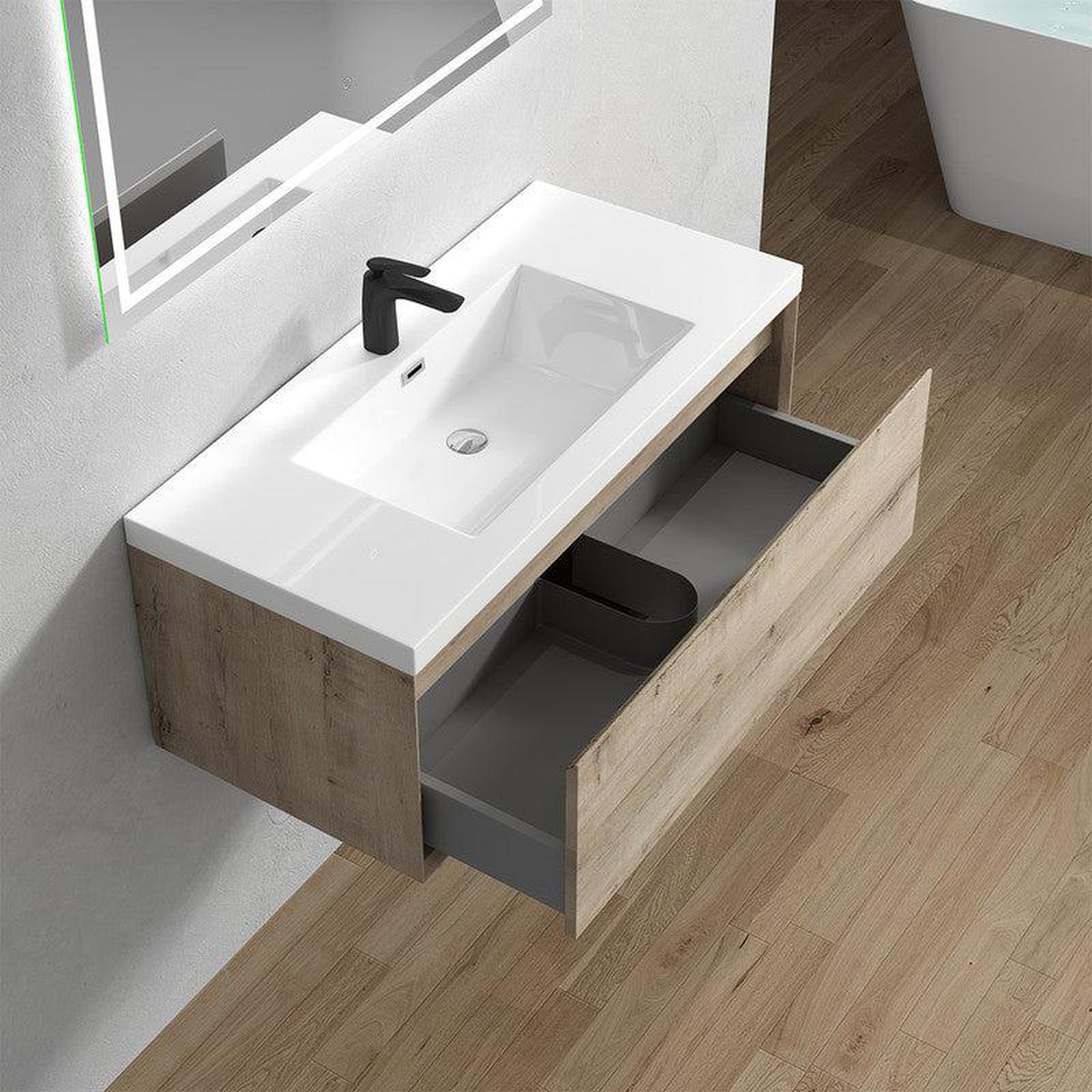 Bellezza 42&quot; Light Oak Wall-Mounted Vanity With Single Reinforced White Acrylic Sink