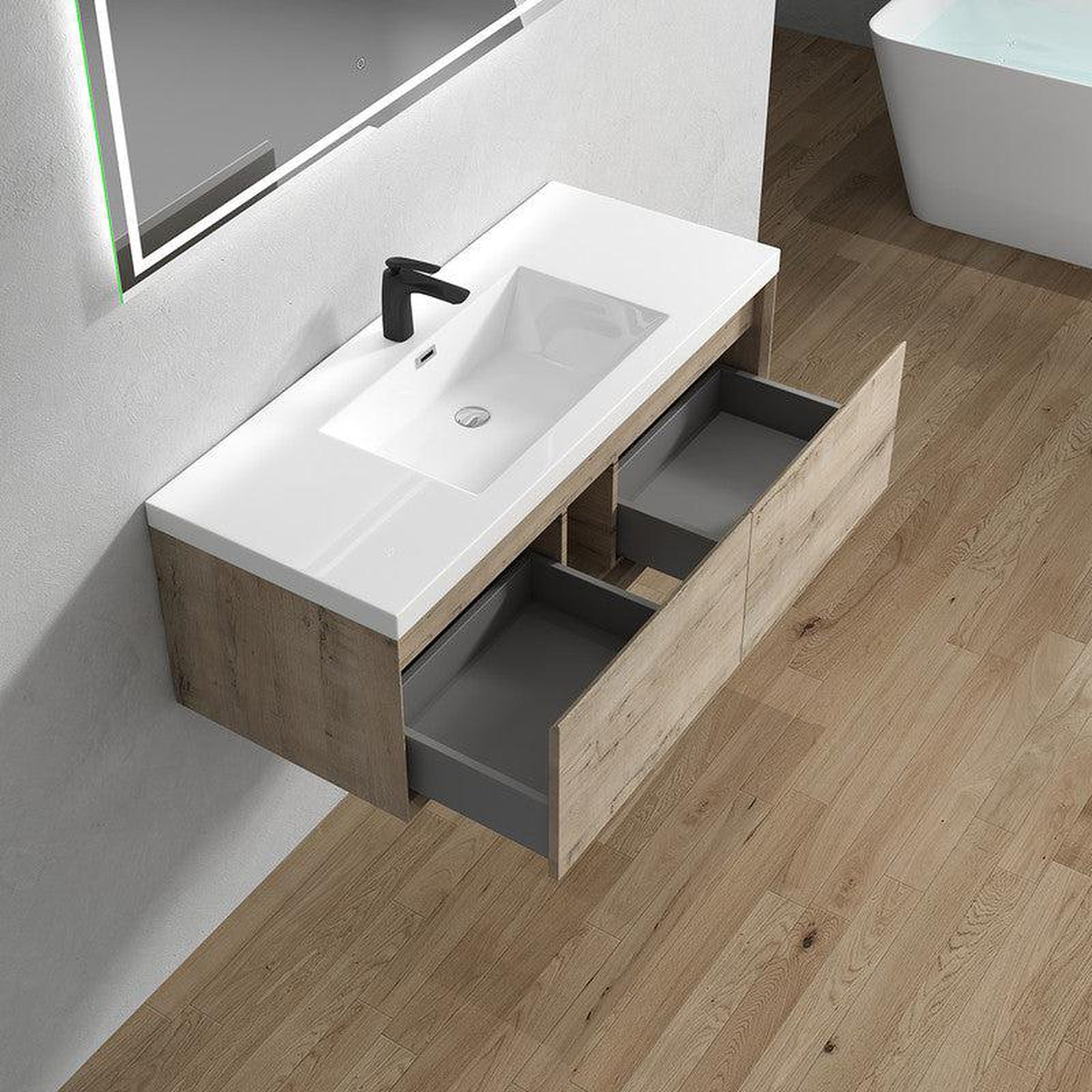 Bellezza 48&quot; Light Oak Wall-Mounted Vanity With Single Reinforced White Acrylic Sink