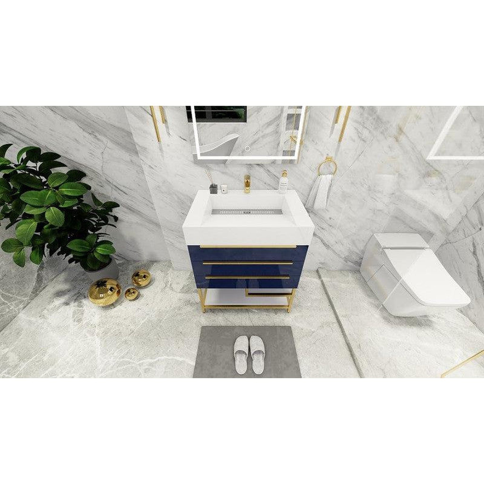 Elara 30&quot; High Gloss Night Blue Freestanding Vanity With Single Reinforced White Acrylic Sink