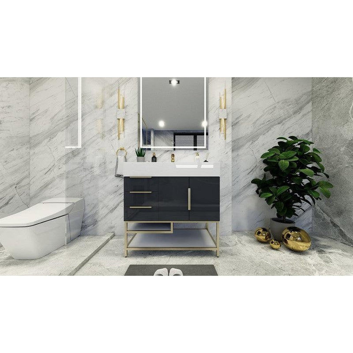 Elara 36&quot; High Gloss Gray Freestanding Vanity With Left Side Drawers and Single Reinforced White Acrylic Sink