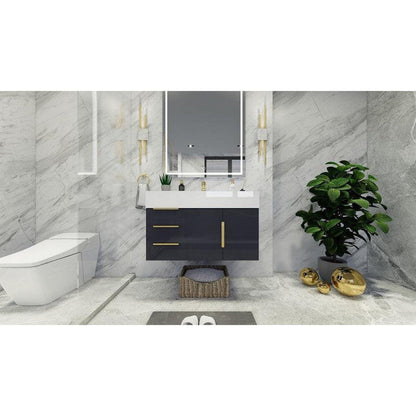 Elara 36&quot; High Gloss Gray Wall-Mounted Vanity With Left Side Drawers and Single Reinforced White Acrylic Sink