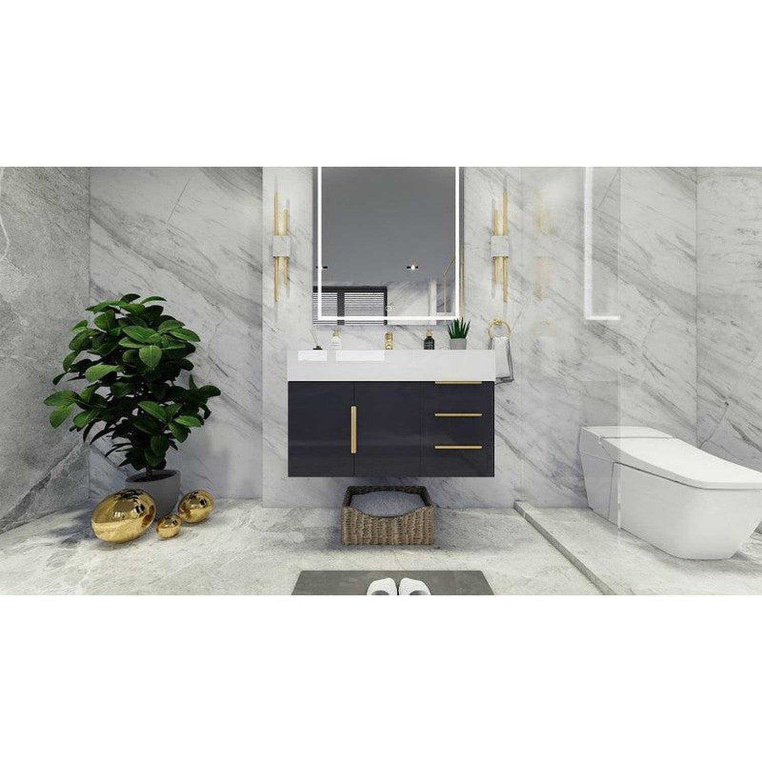 Elara 36&quot; High Gloss Gray Wall-Mounted Vanity With Right Side Drawers and Single Reinforced White Acrylic Sink