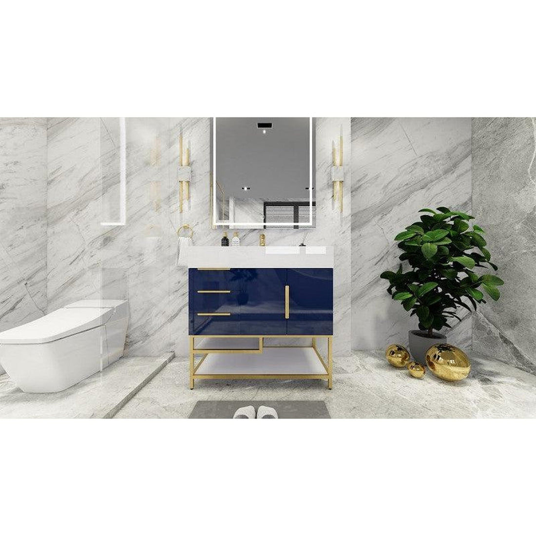 Elara 36&quot; High Gloss Night Blue Freestanding Vanity With Left Side Drawers and Single Reinforced White Acrylic Sink