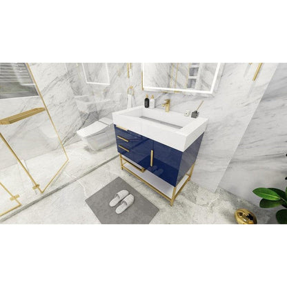 Elara 36&quot; High Gloss Night Blue Freestanding Vanity With Left Side Drawers and Single Reinforced White Acrylic Sink