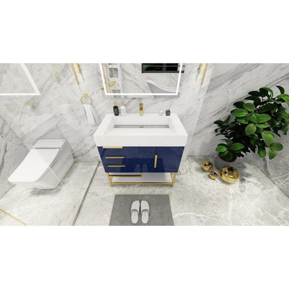 Elara 36&quot; High Gloss Night Blue Freestanding Vanity With Left Side Drawers and Single Reinforced White Acrylic Sink