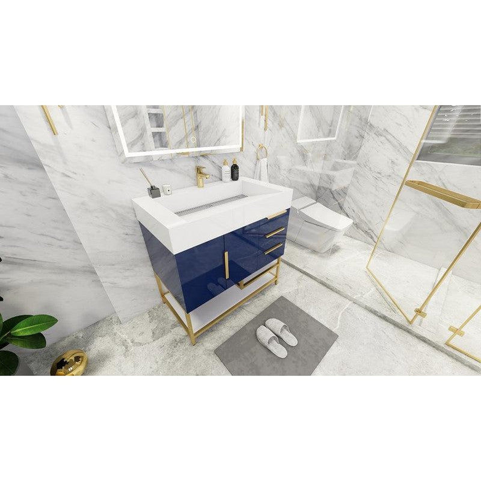 Elara 36&quot; High Gloss Night Blue Freestanding Vanity With Right Side Drawers and Single Reinforced White Acrylic Sink