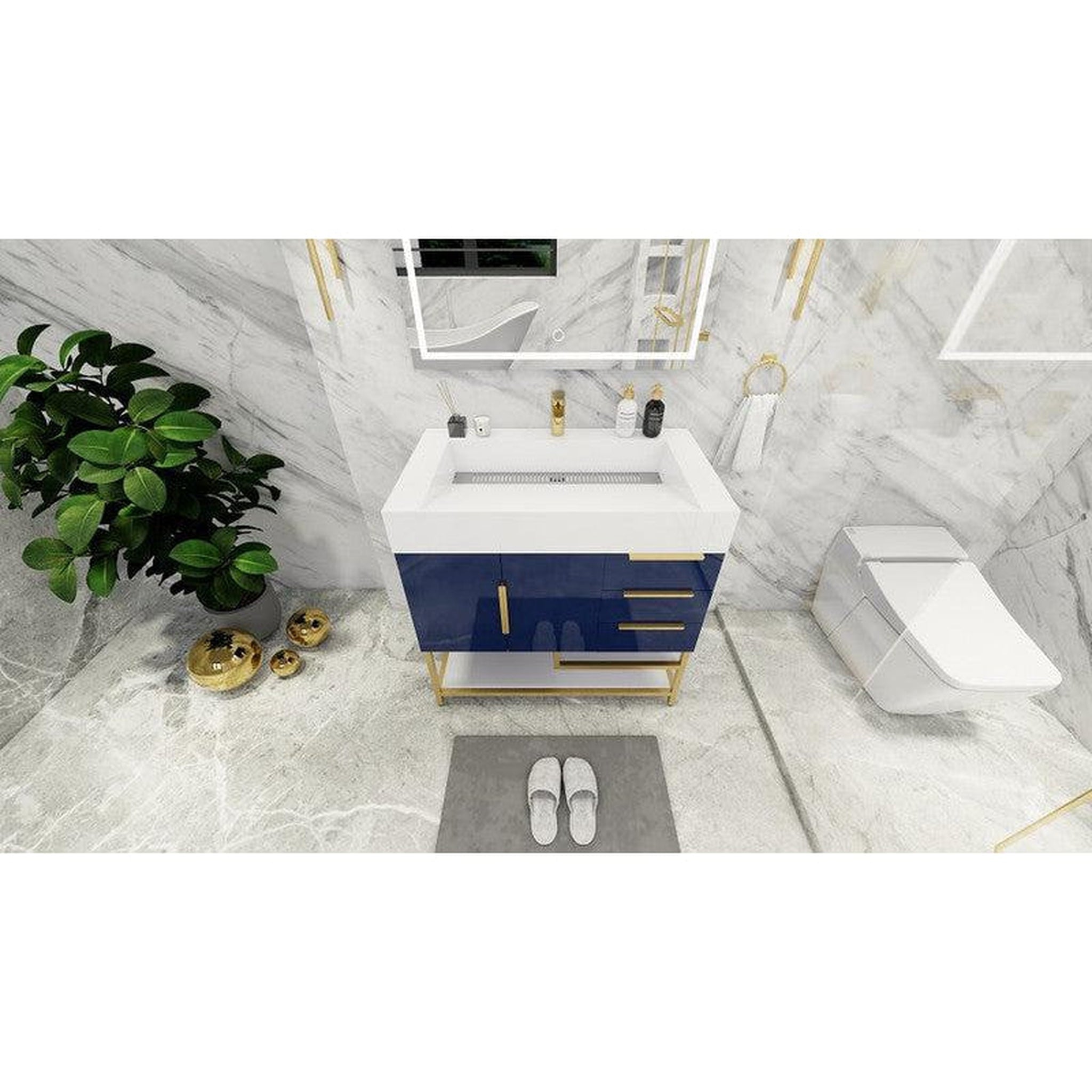 Elara 36&quot; High Gloss Night Blue Freestanding Vanity With Right Side Drawers and Single Reinforced White Acrylic Sink