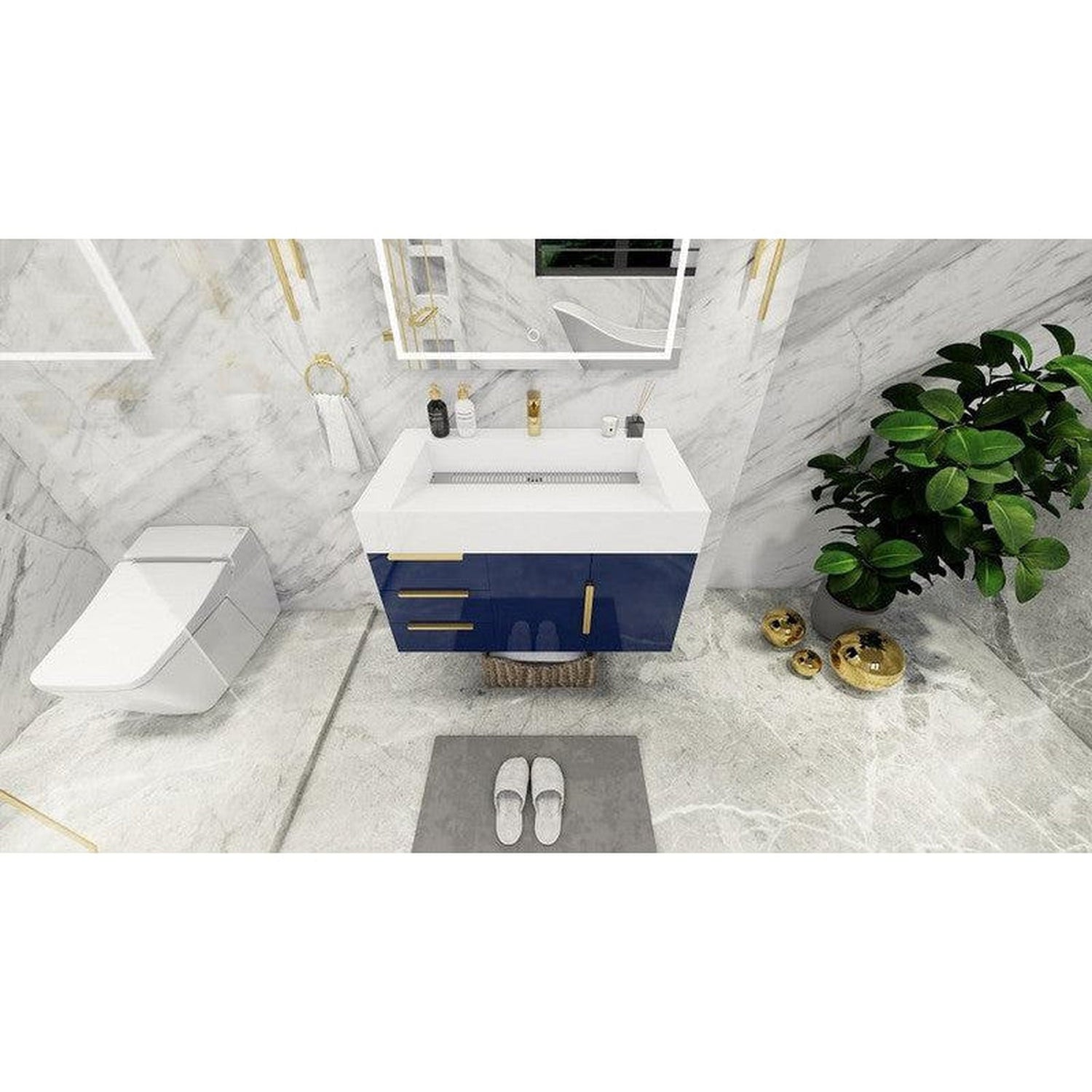 Elara 36&quot; High Gloss Night Blue Wall-Mounted Vanity With Left Side Drawers and Single Reinforced White Acrylic Sink