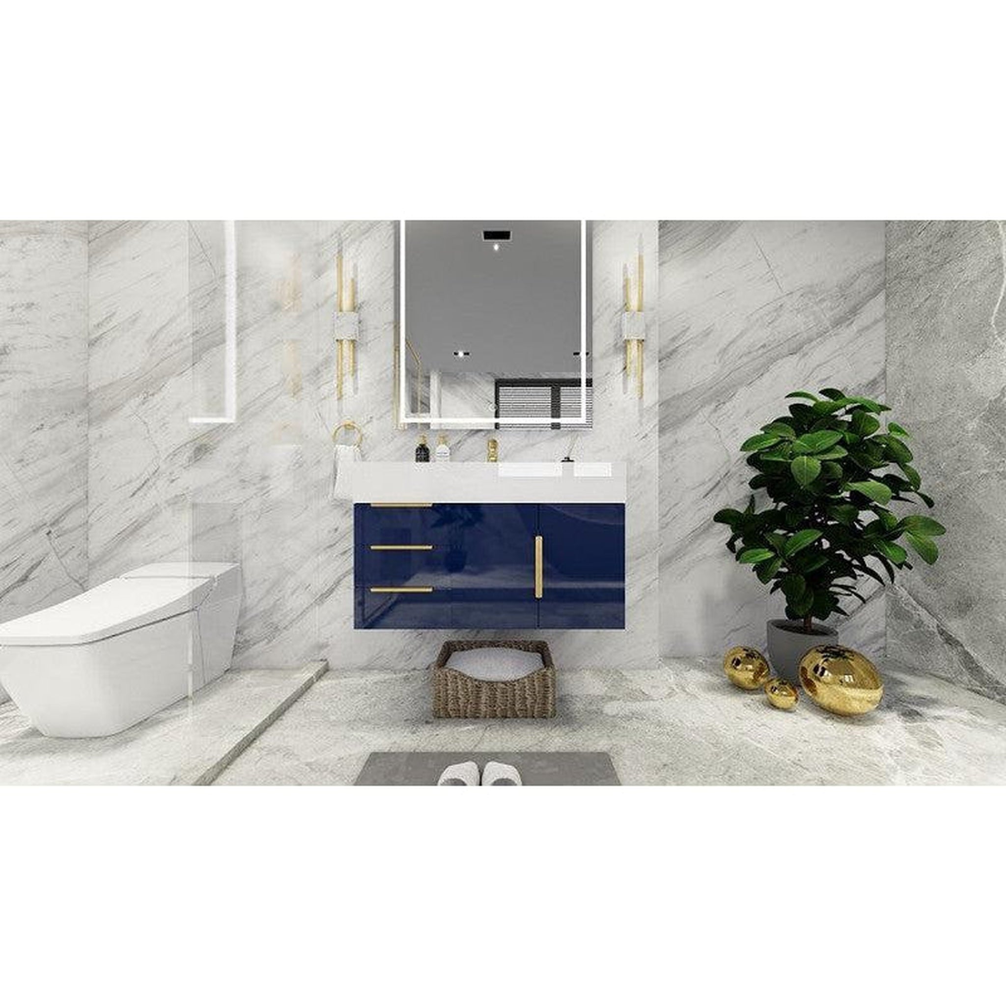 Elara 36&quot; High Gloss Night Blue Wall-Mounted Vanity With Left Side Drawers and Single Reinforced White Acrylic Sink