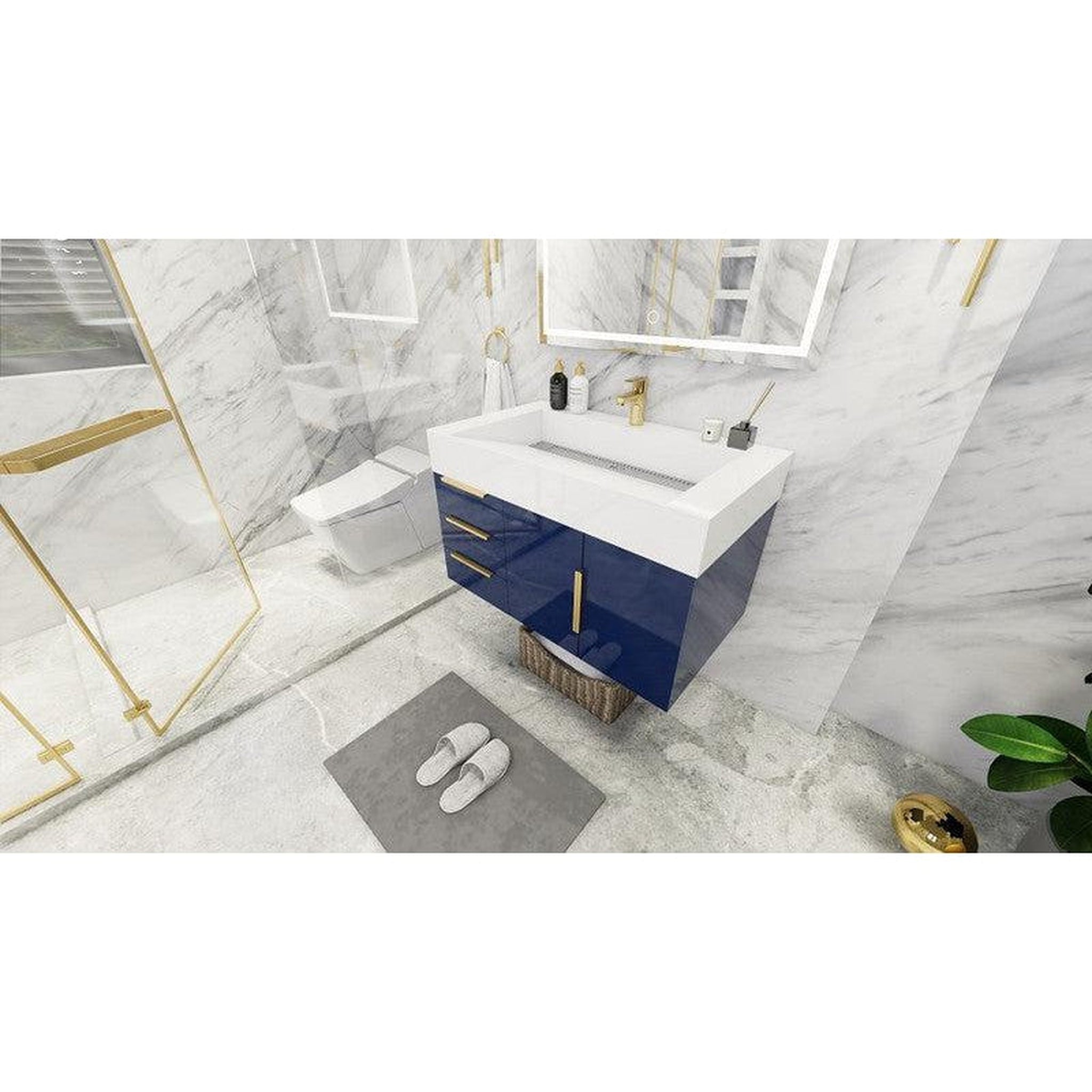 Elara 36&quot; High Gloss Night Blue Wall-Mounted Vanity With Left Side Drawers and Single Reinforced White Acrylic Sink