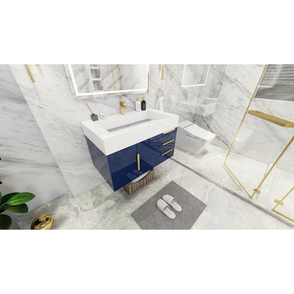 Elara 36&quot; High Gloss Night Blue Wall-Mounted Vanity With Right Side Drawers and Single Reinforced White Acrylic Sink