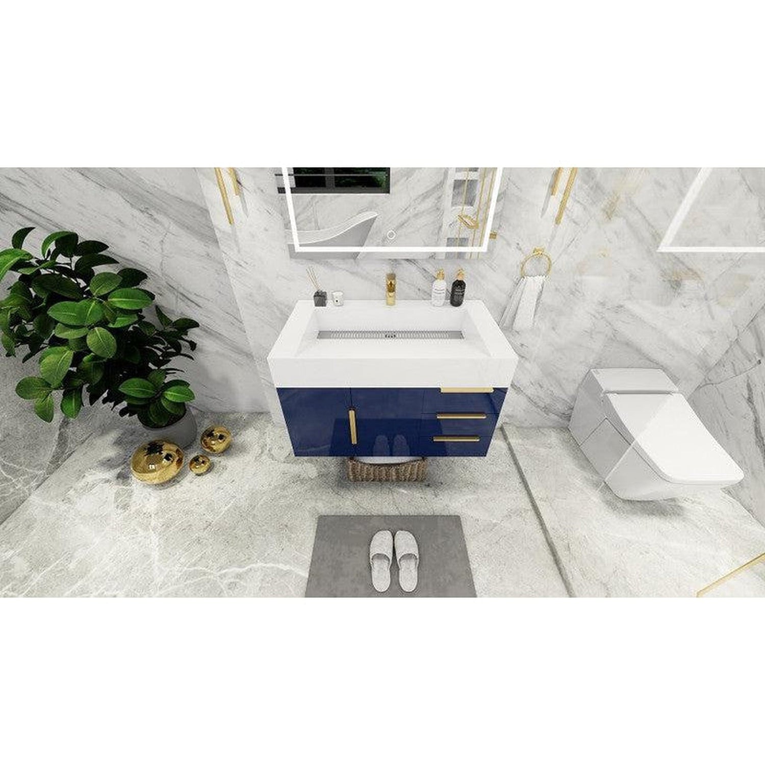 Elara 36&quot; High Gloss Night Blue Wall-Mounted Vanity With Right Side Drawers and Single Reinforced White Acrylic Sink