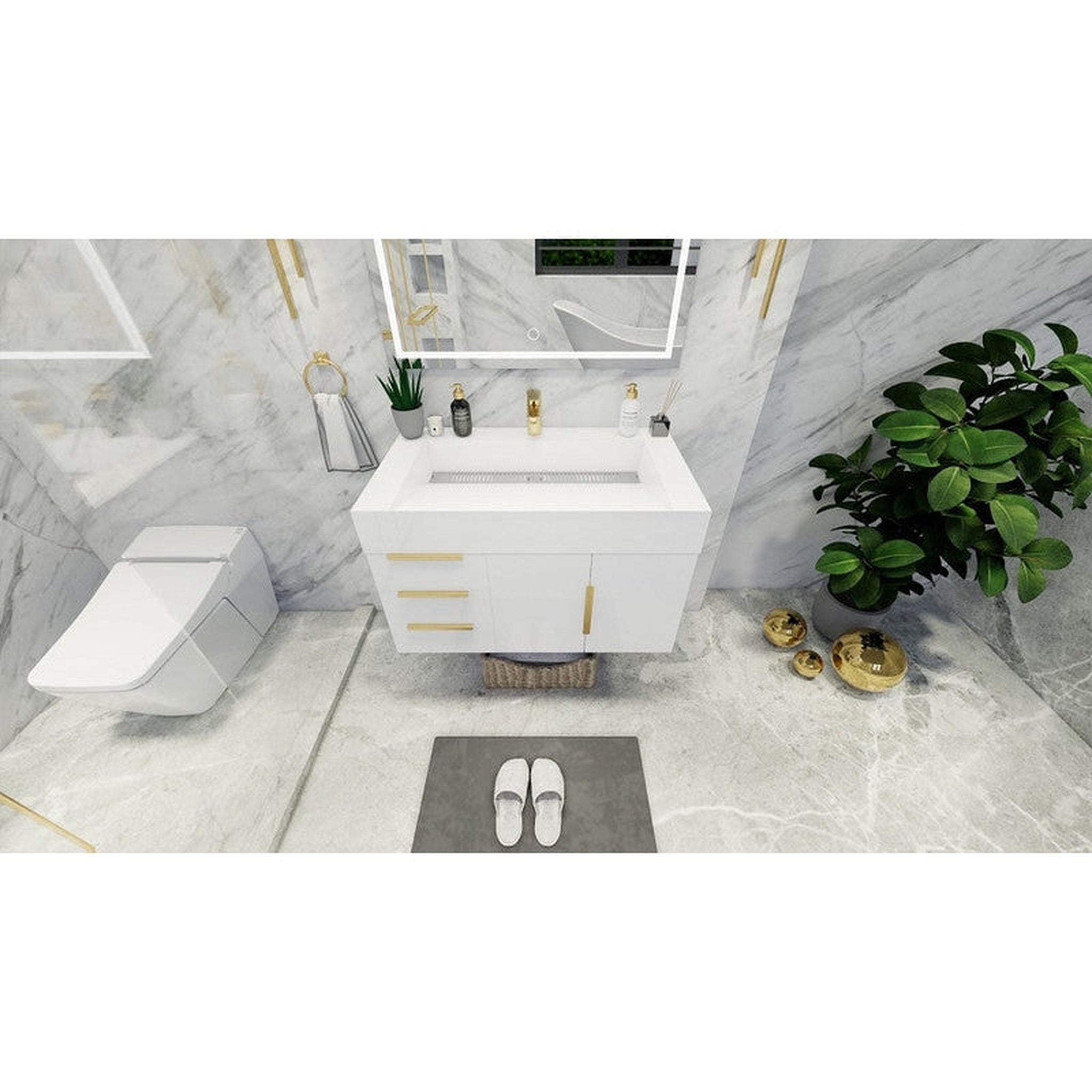 Elara 36&quot; High Gloss White Wall-Mounted Vanity With Left Side Drawers and Single Reinforced White Acrylic Sink