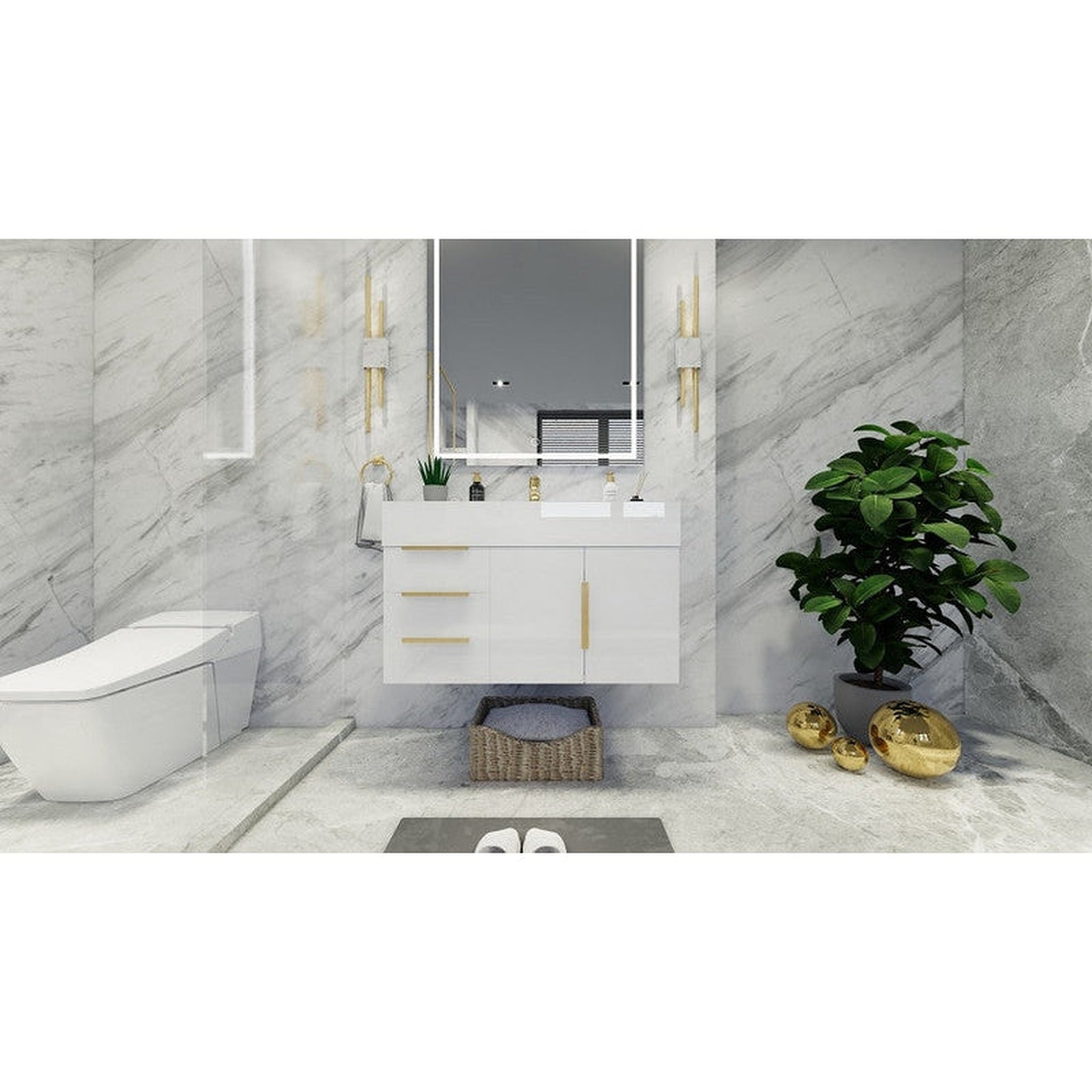 Elara 36&quot; High Gloss White Wall-Mounted Vanity With Left Side Drawers and Single Reinforced White Acrylic Sink