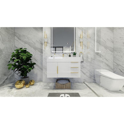 Elara 36&quot; High Gloss White Wall-Mounted Vanity With Right Side Drawers and Single Reinforced White Acrylic Sink