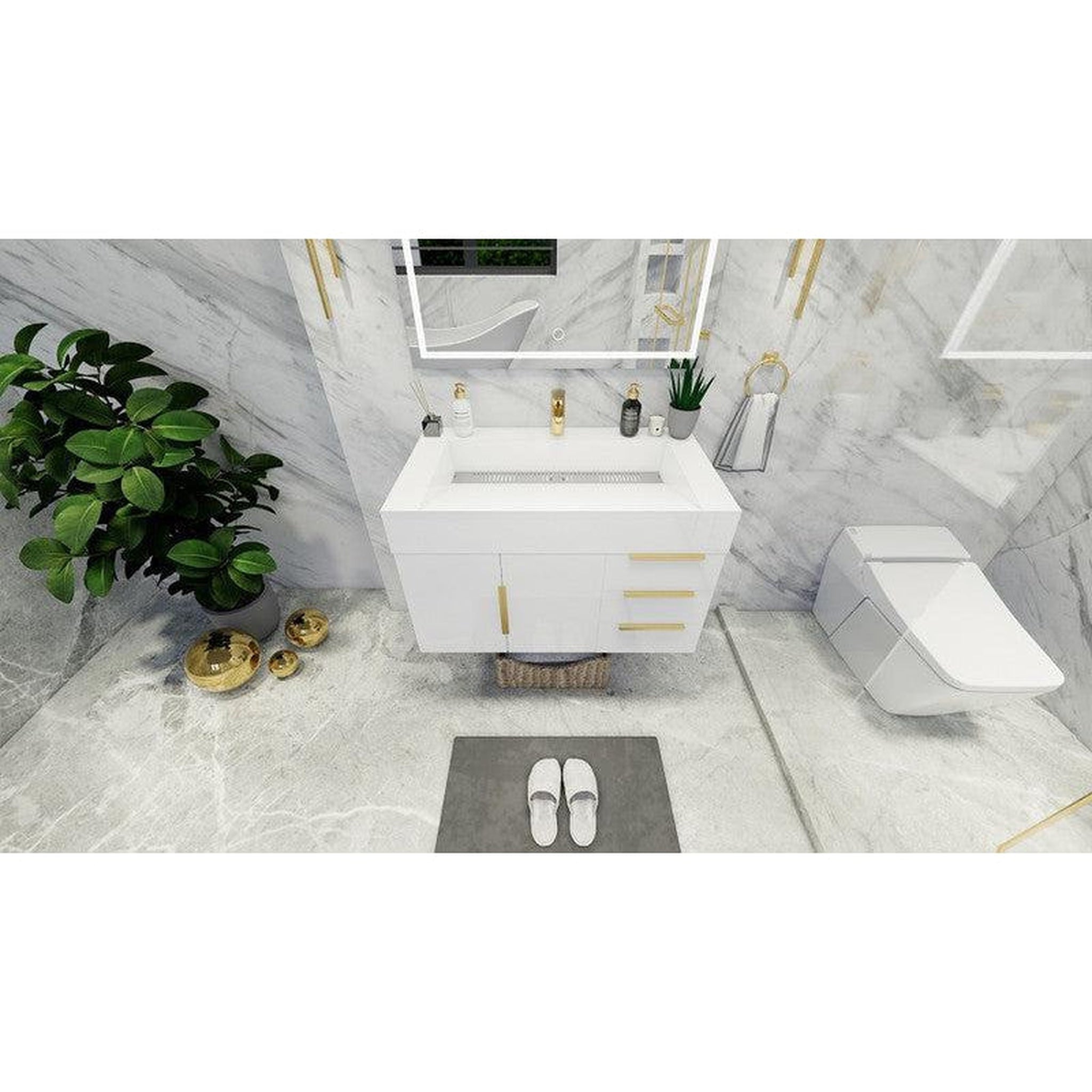 Elara 36&quot; High Gloss White Wall-Mounted Vanity With Right Side Drawers and Single Reinforced White Acrylic Sink