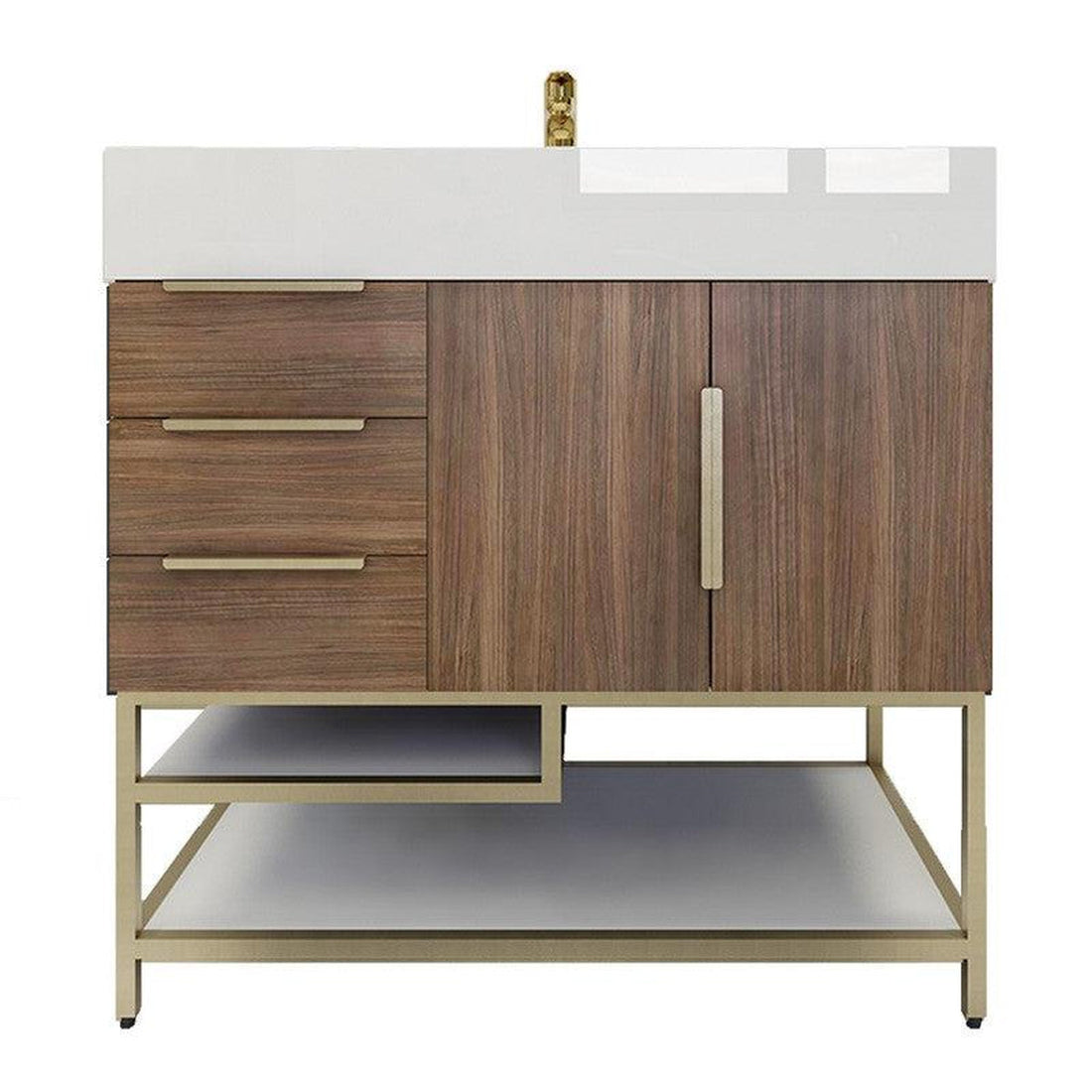 Elara 36&quot; Rosewood Freestanding Vanity With Left Side Drawers and Single Reinforced White Acrylic Sink