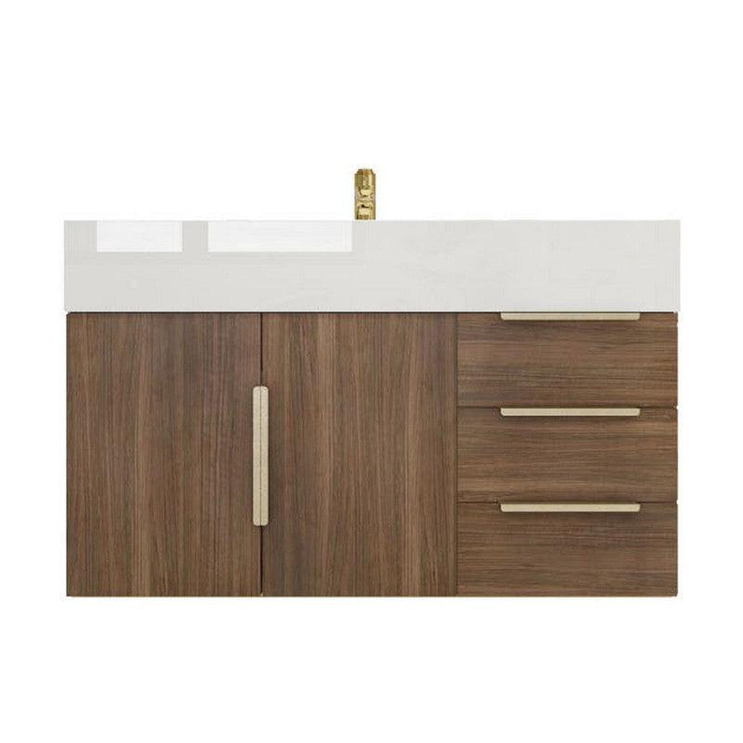 Elara 36&quot; Rosewood Wall-Mounted Vanity With Right Side Drawers and Single Reinforced White Acrylic Sink